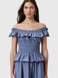 AllSaints Halia Bardot Neck Organic Cotton Tiered Midi Dress