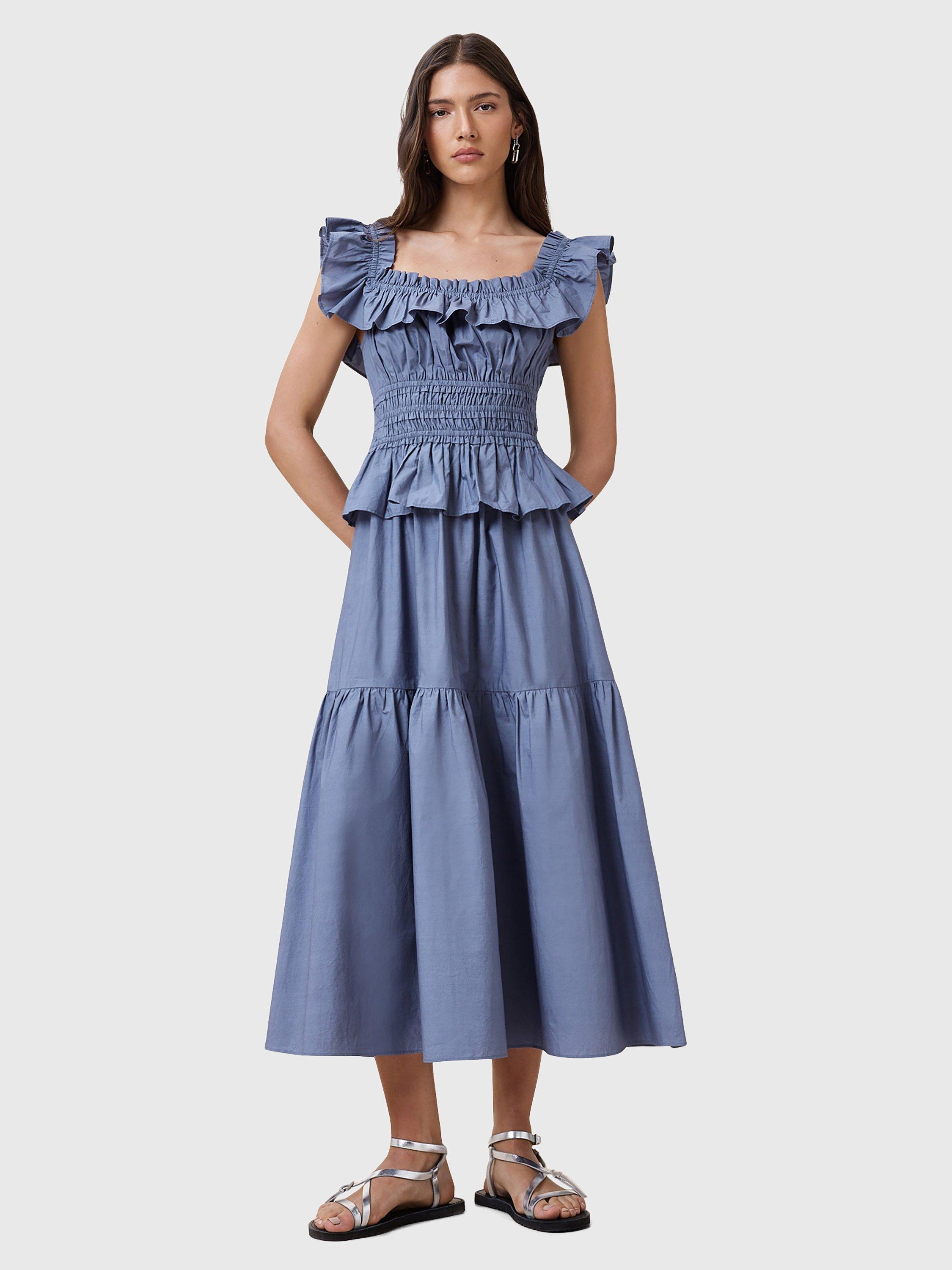 Product image 3 of 8, which shows AllSaints Halia Bardot Neck Organic Cotton Tiered Midi Dress, Flint Stone Blue, 10