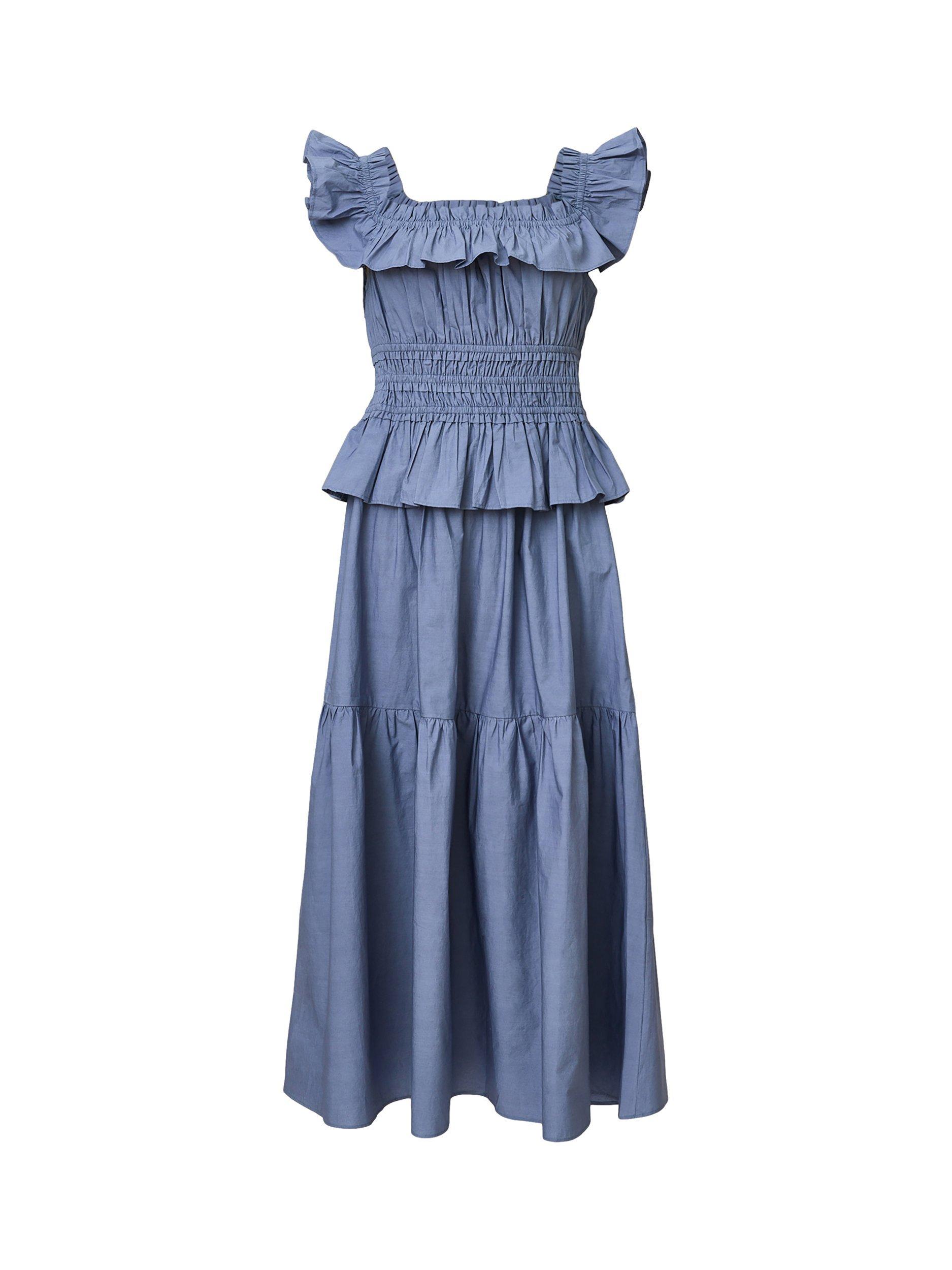 Product image 4 of 8, which shows AllSaints Halia Bardot Neck Organic Cotton Tiered Midi Dress, Flint Stone Blue, 10