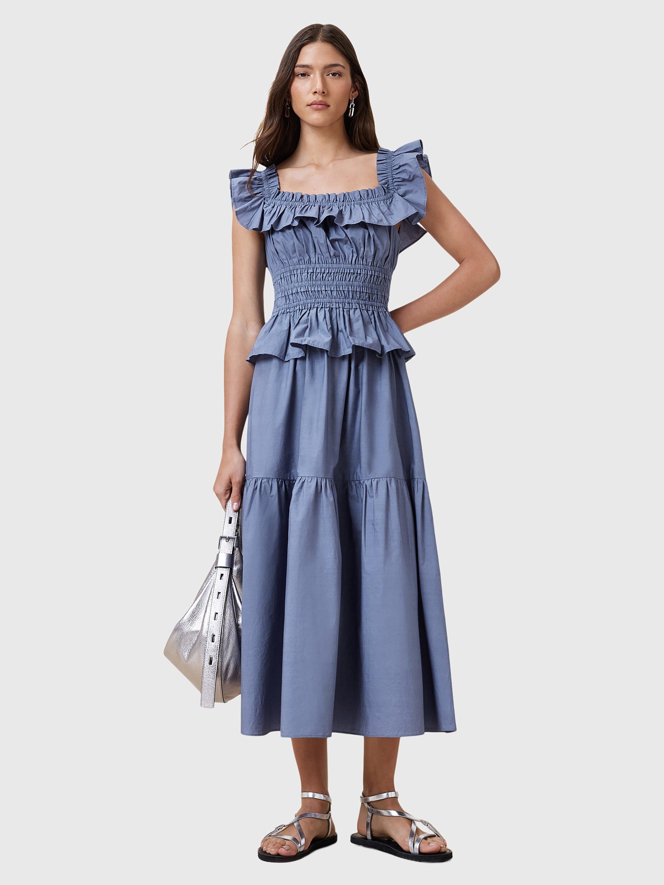 Product image 5 of 8, which shows AllSaints Halia Bardot Neck Organic Cotton Tiered Midi Dress, Flint Stone Blue, 10
