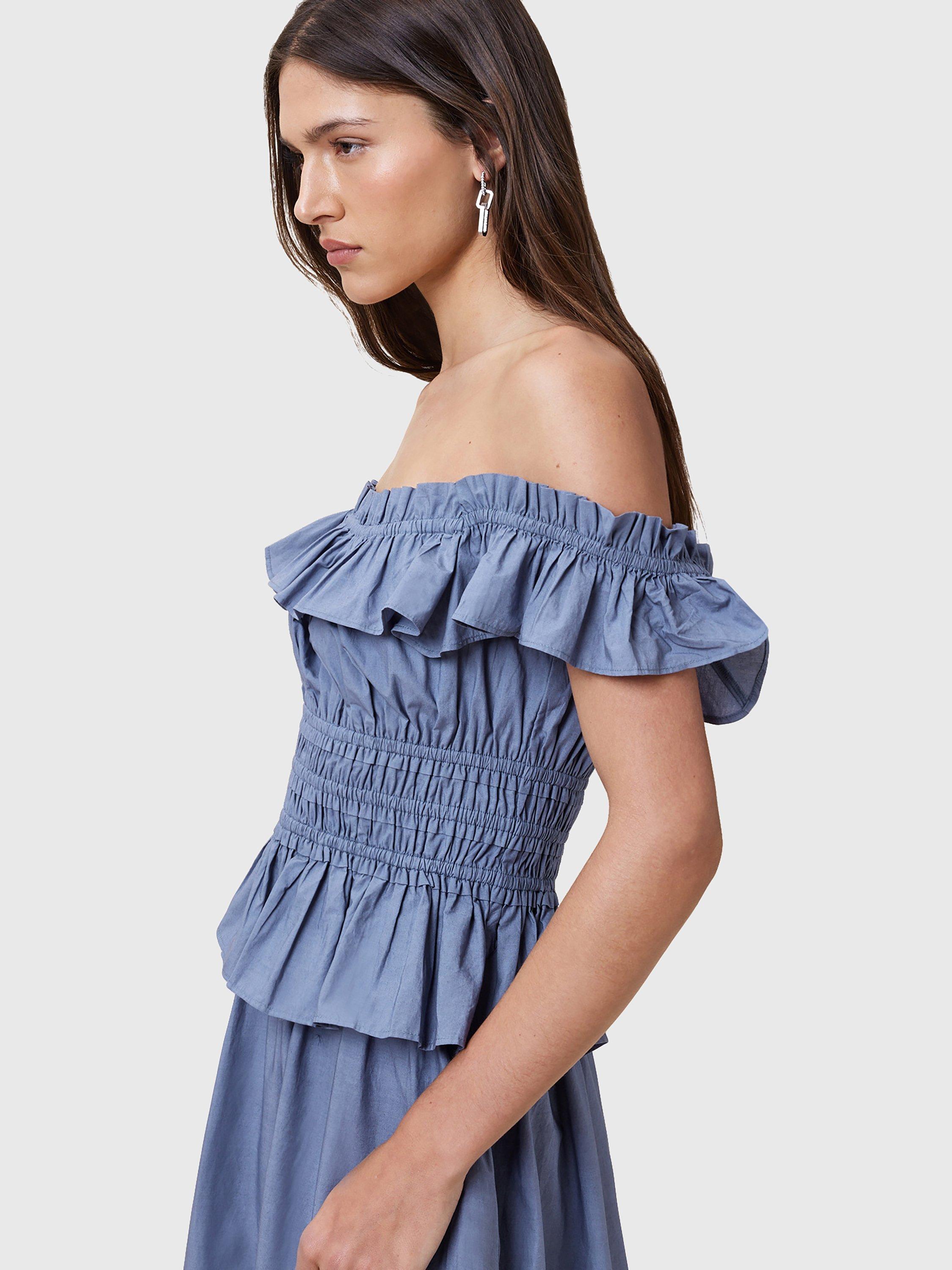 Product image 6 of 8, which shows AllSaints Halia Bardot Neck Organic Cotton Tiered Midi Dress, Flint Stone Blue, 10