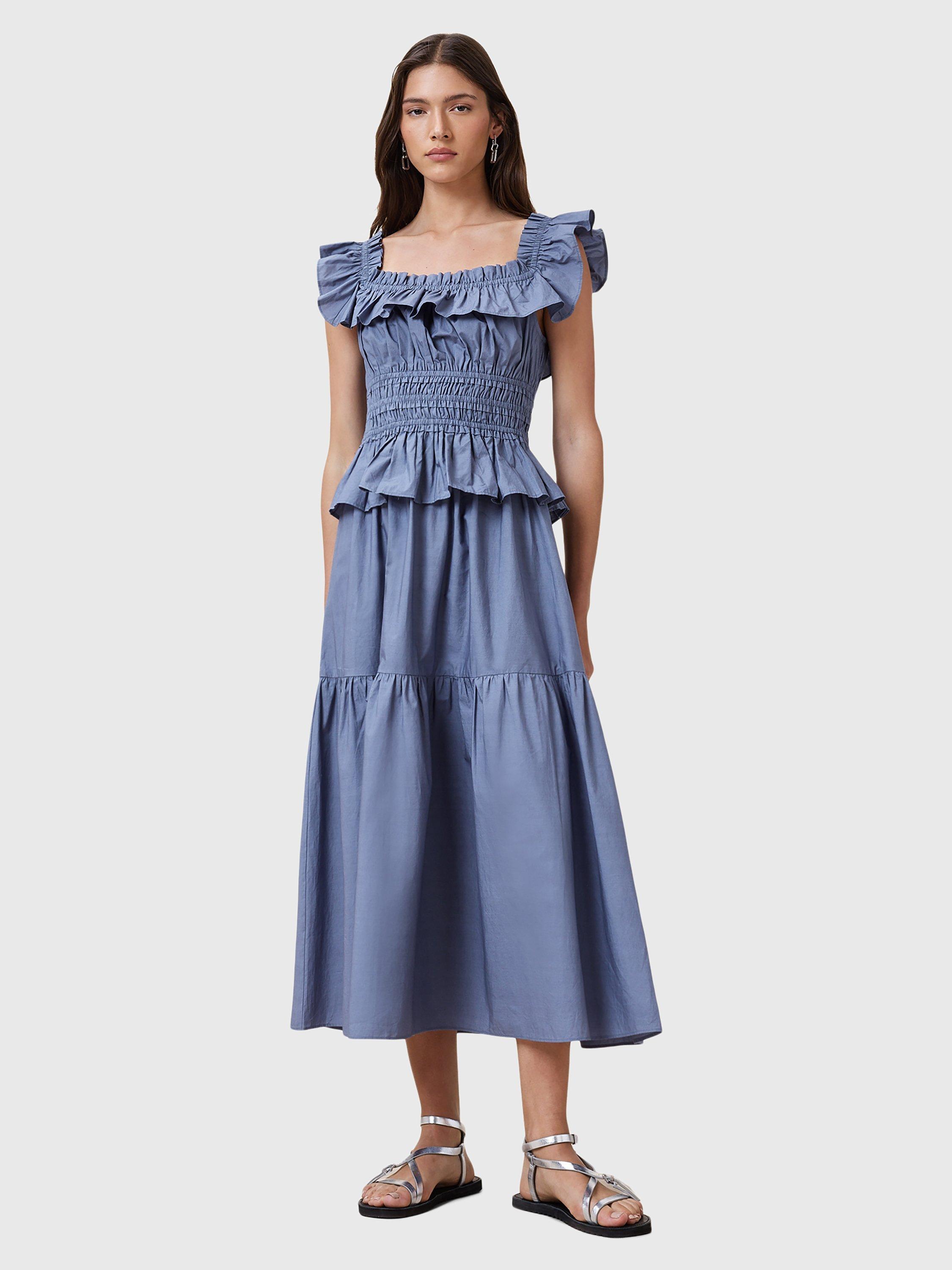 Product image 7 of 8, which shows AllSaints Halia Bardot Neck Organic Cotton Tiered Midi Dress, Flint Stone Blue, 10