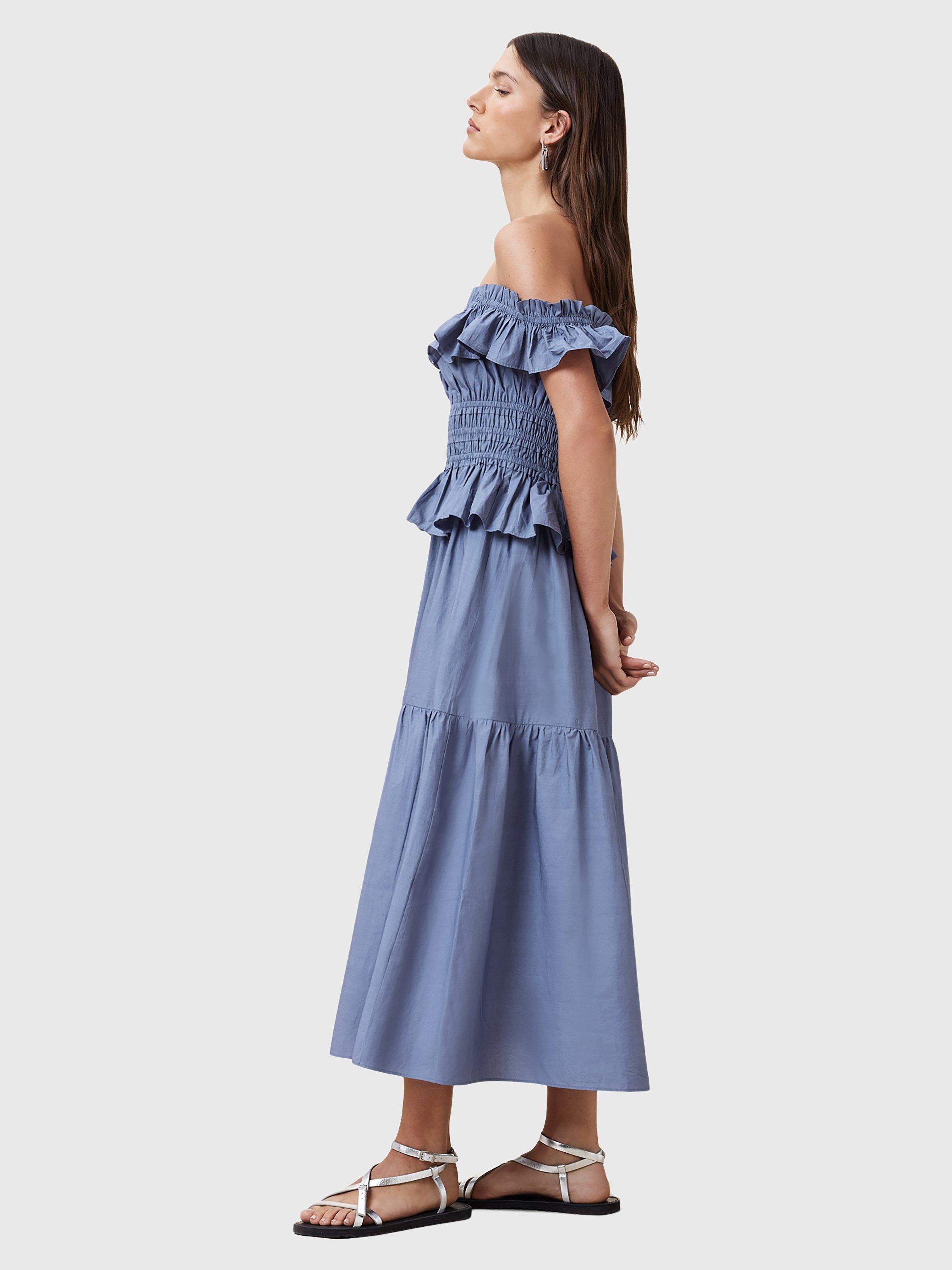 Product image 8 of 8, which shows AllSaints Halia Bardot Neck Organic Cotton Tiered Midi Dress, Flint Stone Blue, 10
