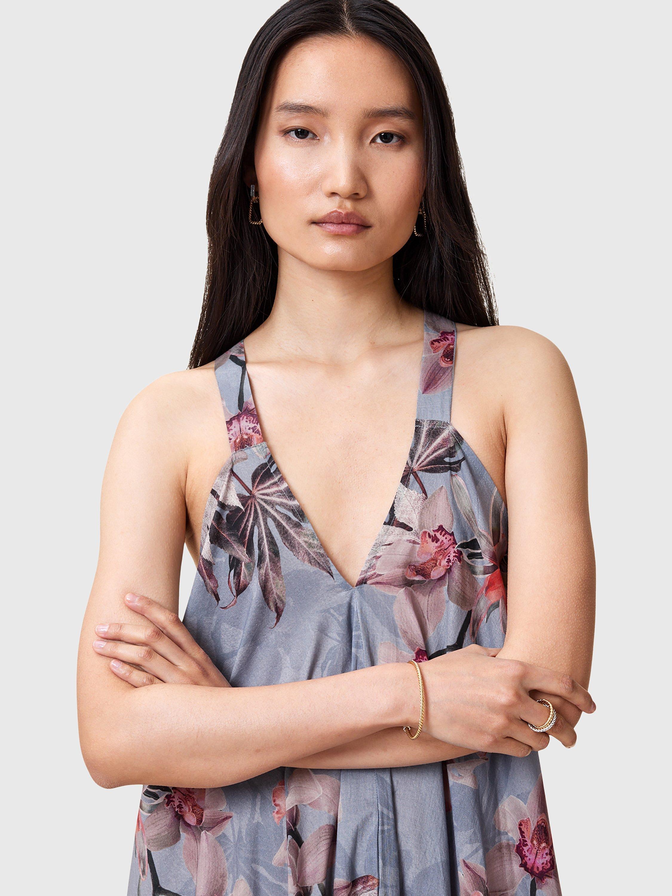 Product image 1 of 6, which shows AllSaints Lil Floral V-Neck Loose Cotton Dress, Blue/Multi, 10