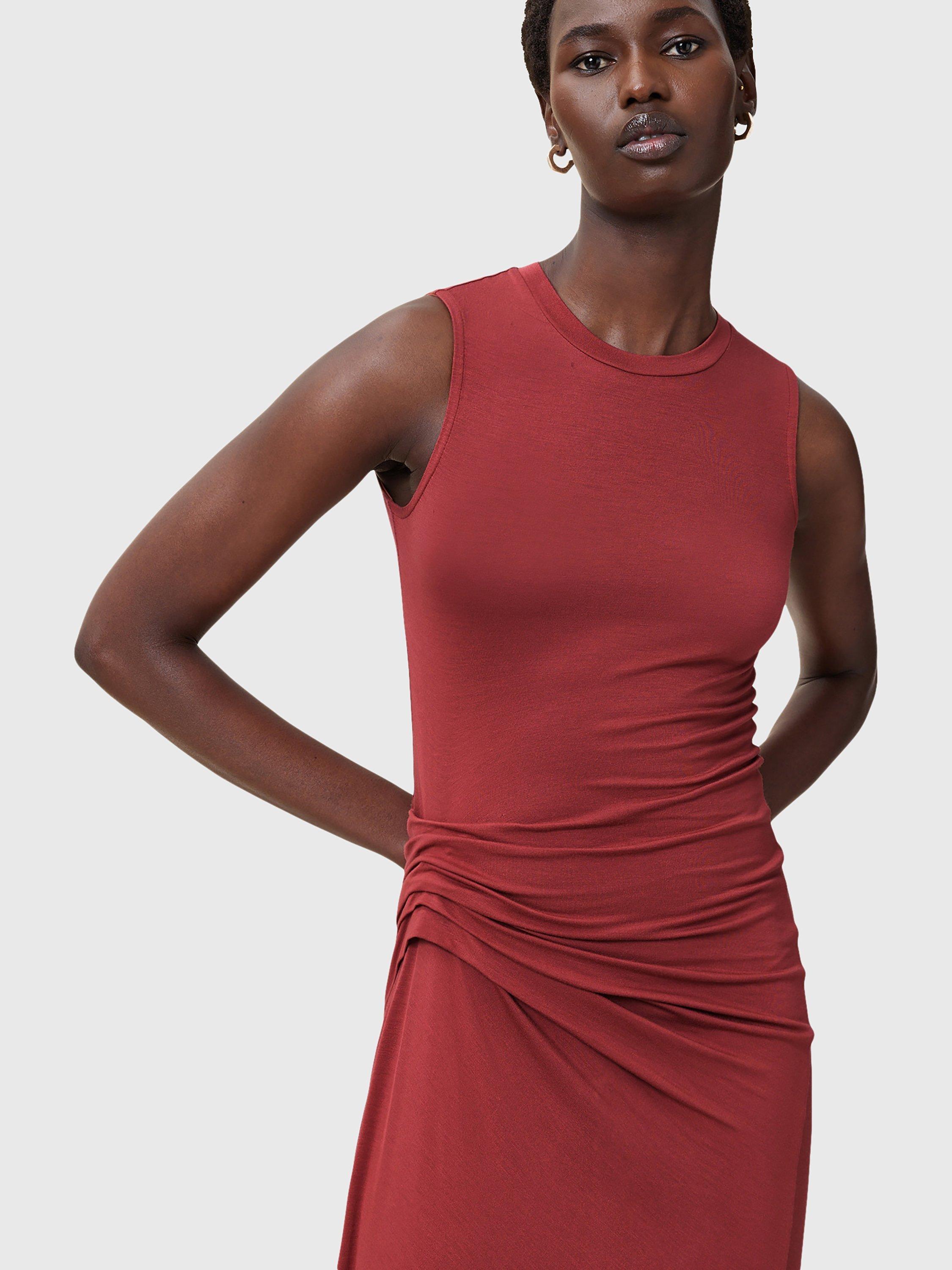 Product image 1 of 8, which shows AllSaints Rivi Crew Neck Ruched Stretch Dress, Red, 10