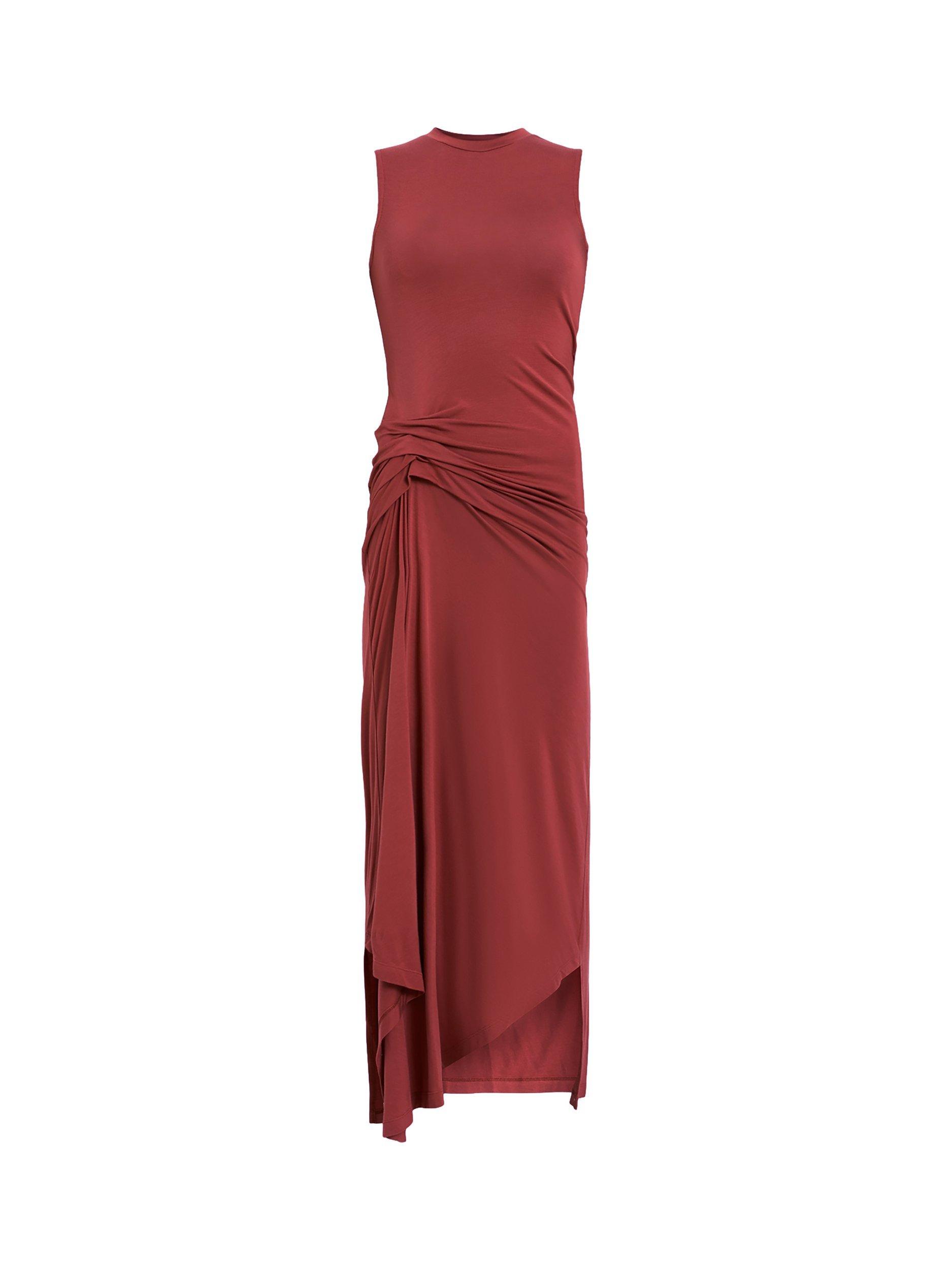 Product image 4 of 8, which shows AllSaints Rivi Crew Neck Ruched Stretch Dress, Red, 10