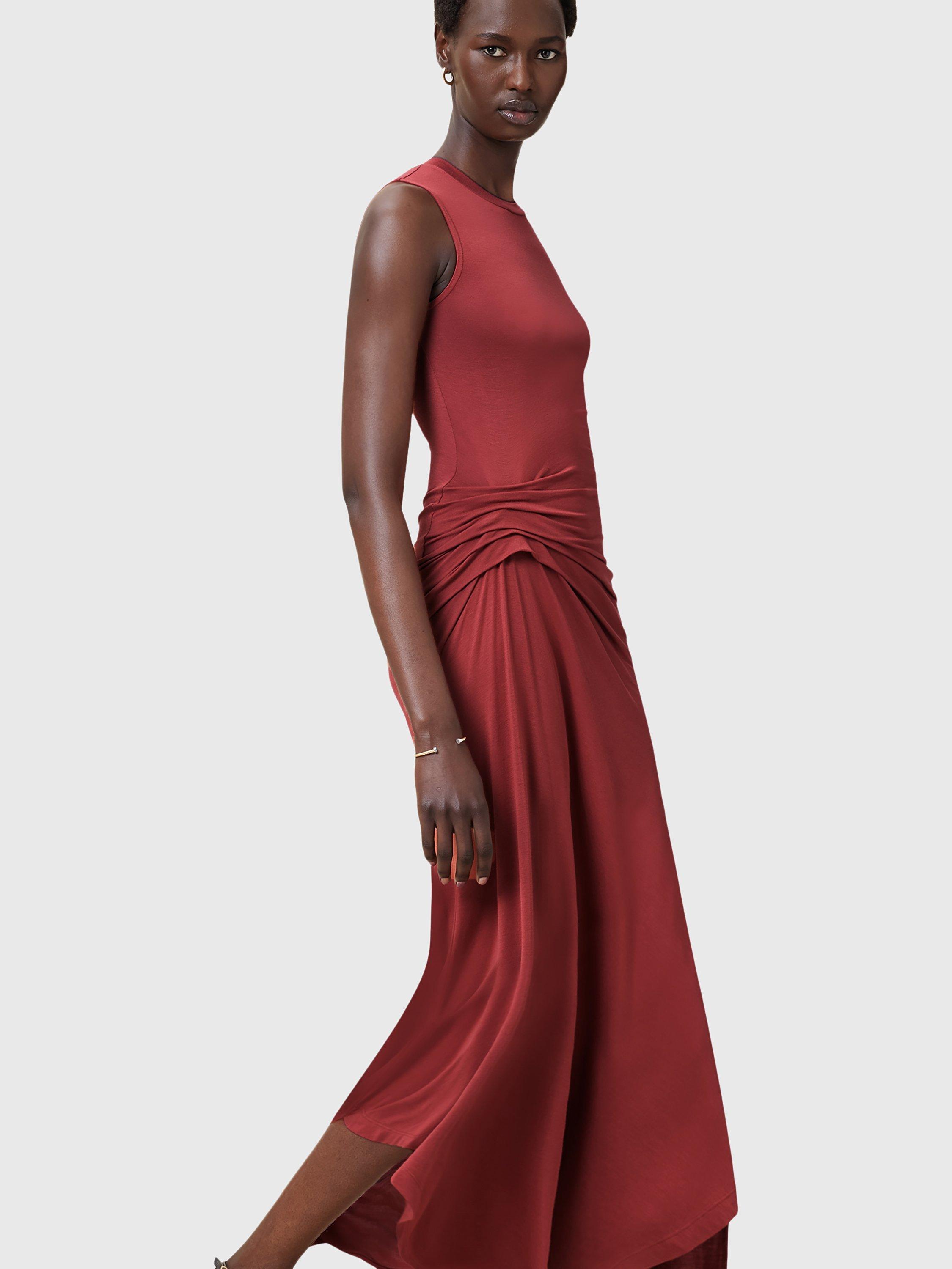 Product image 5 of 8, which shows AllSaints Rivi Crew Neck Ruched Stretch Dress, Red, 10