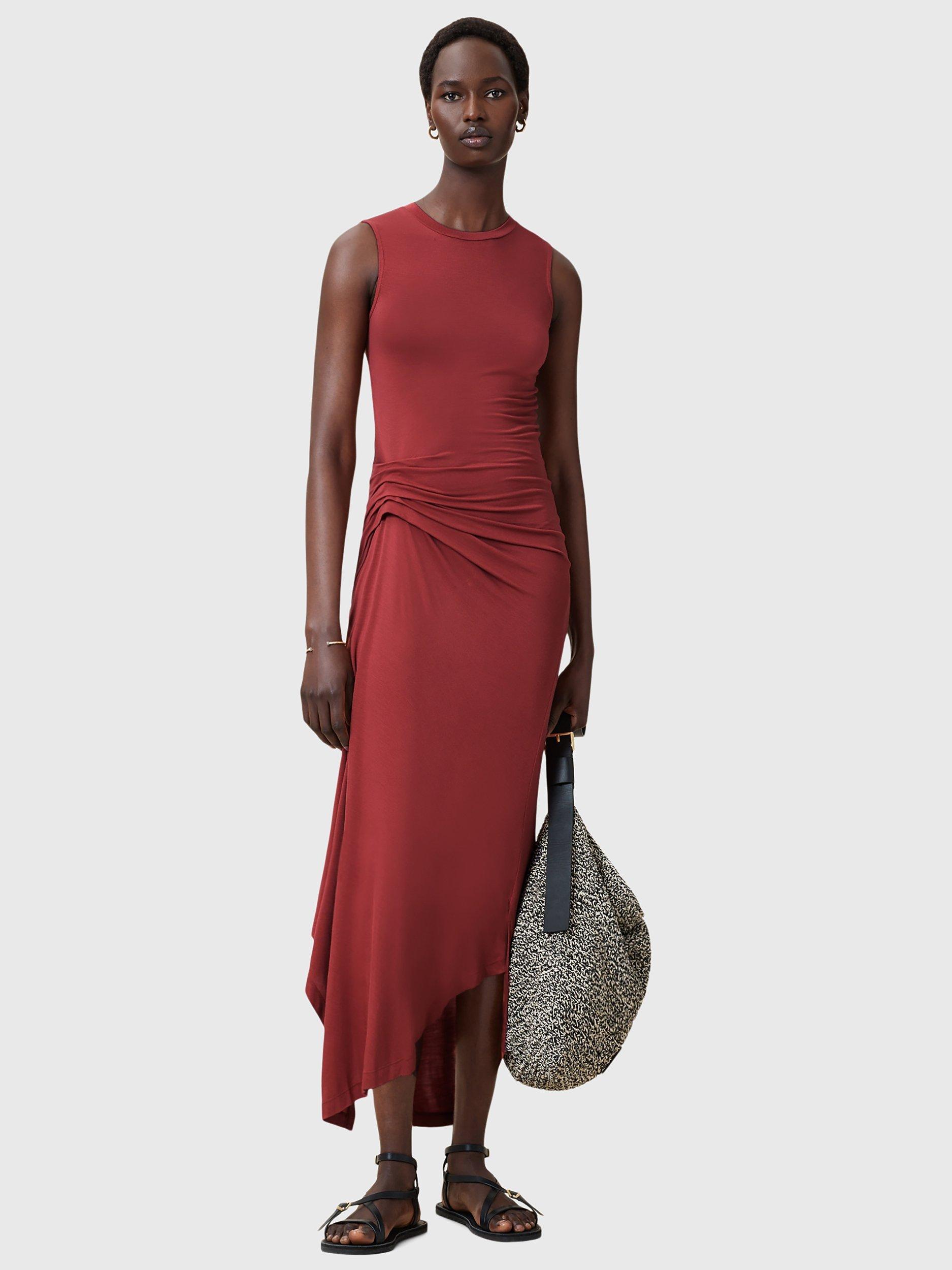Product image 6 of 8, which shows AllSaints Rivi Crew Neck Ruched Stretch Dress, Red, 10