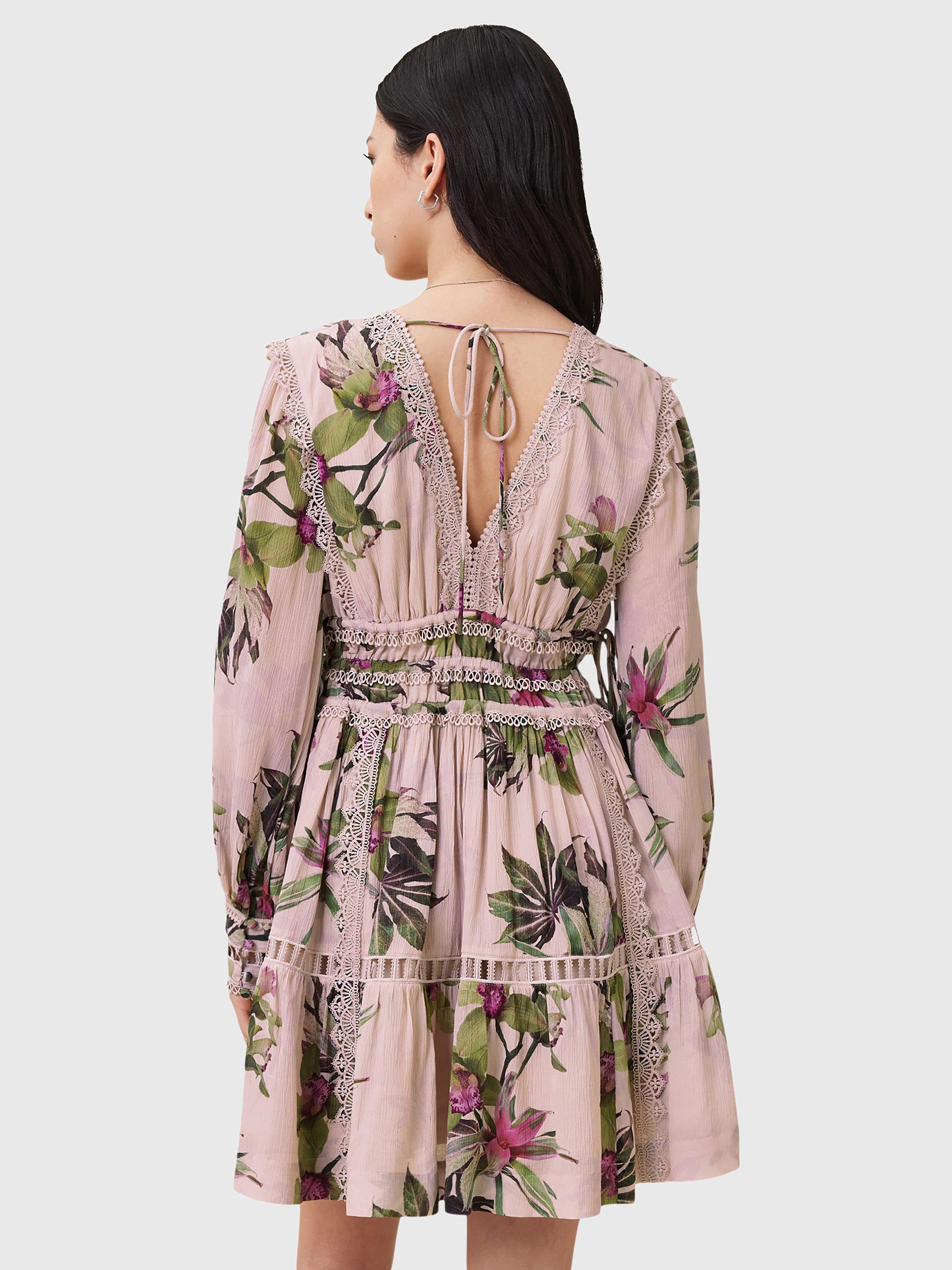 Product image 2 of 9, which shows AllSaints Xanthe Floral Mini Dress, Pink/Multi, 8