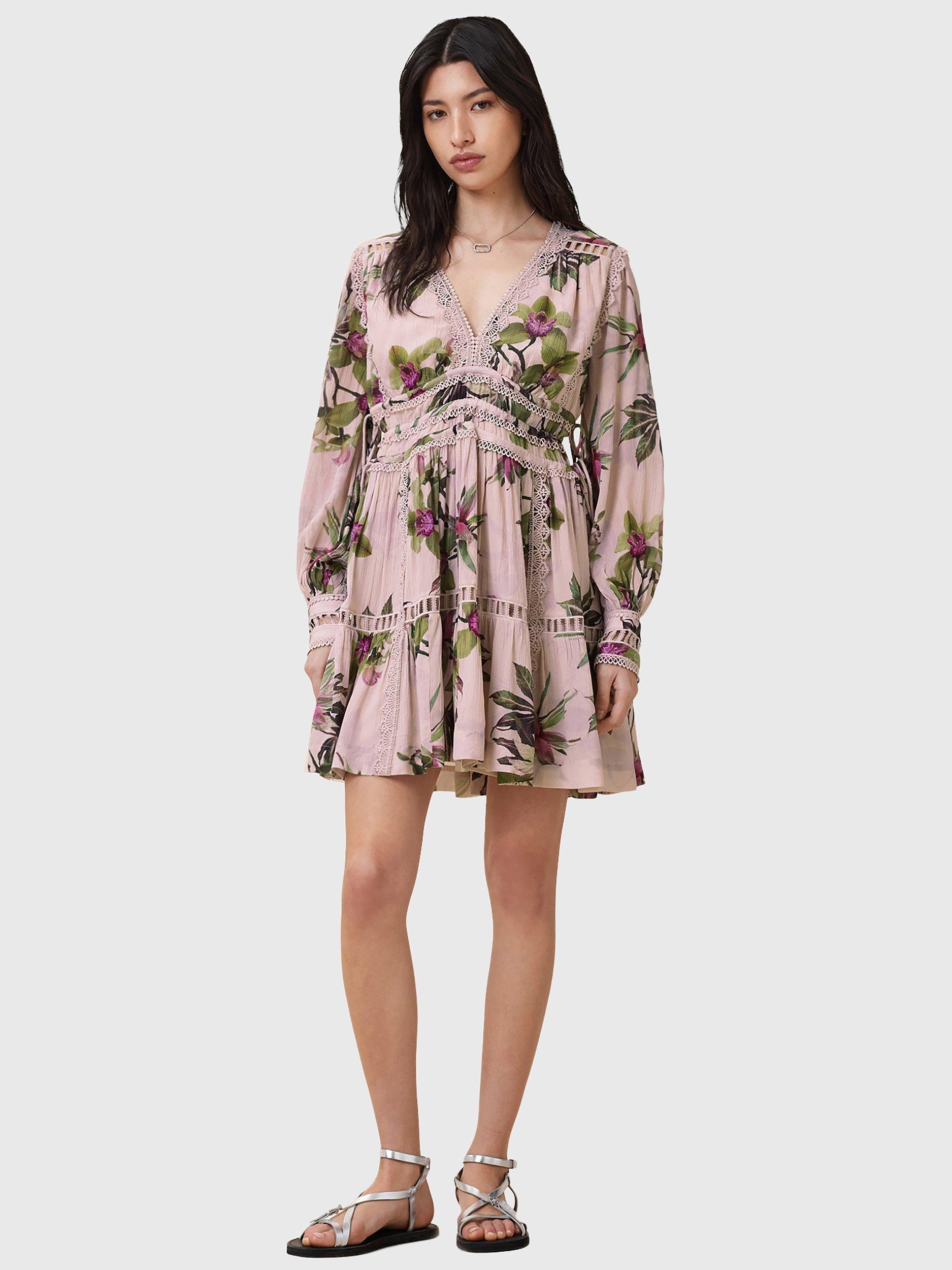 Product image 3 of 9, which shows AllSaints Xanthe Floral Mini Dress, Pink/Multi, 8