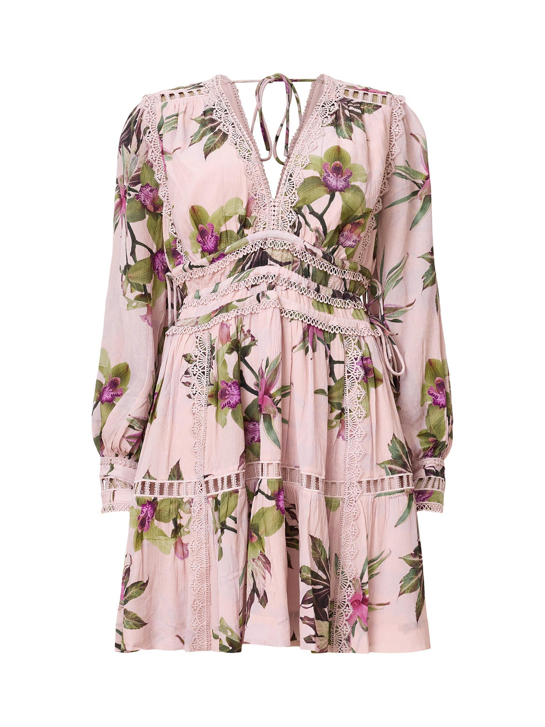 Product image 4 of 9, which shows AllSaints Xanthe Floral Mini Dress, Pink/Multi, 8