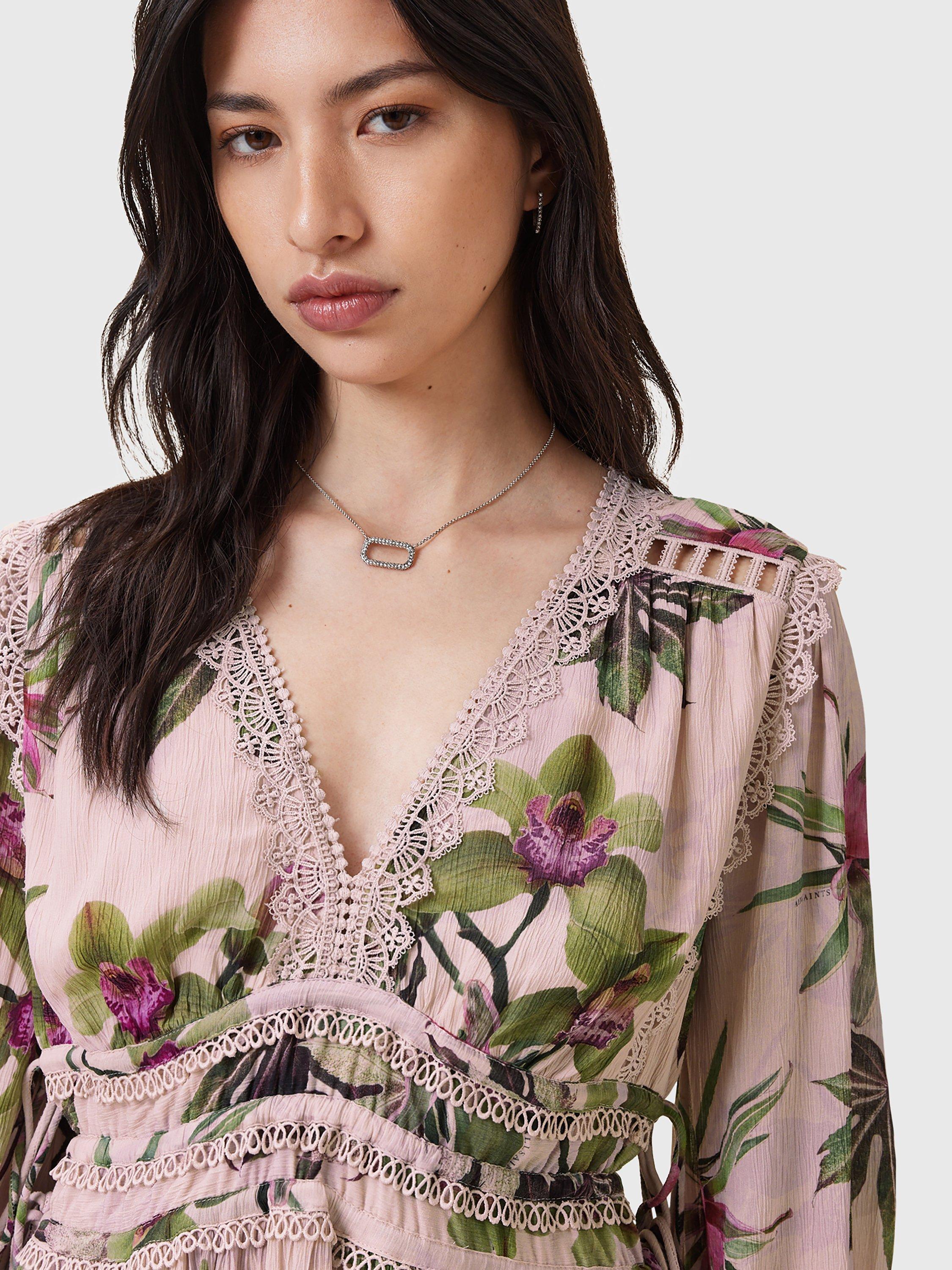 Product image 5 of 9, which shows AllSaints Xanthe Floral Mini Dress, Pink/Multi, 8