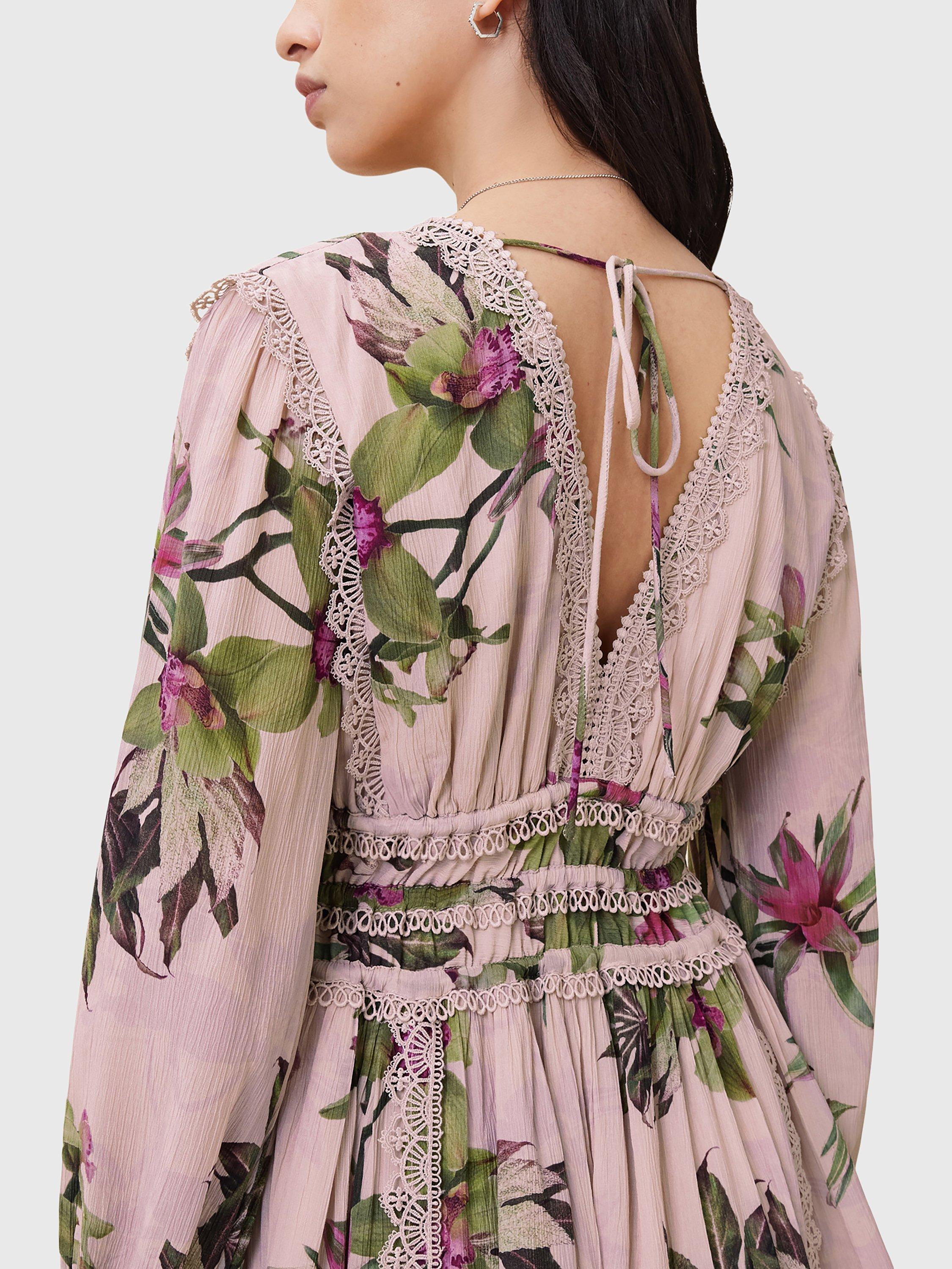 Product image 6 of 9, which shows AllSaints Xanthe Floral Mini Dress, Pink/Multi, 8