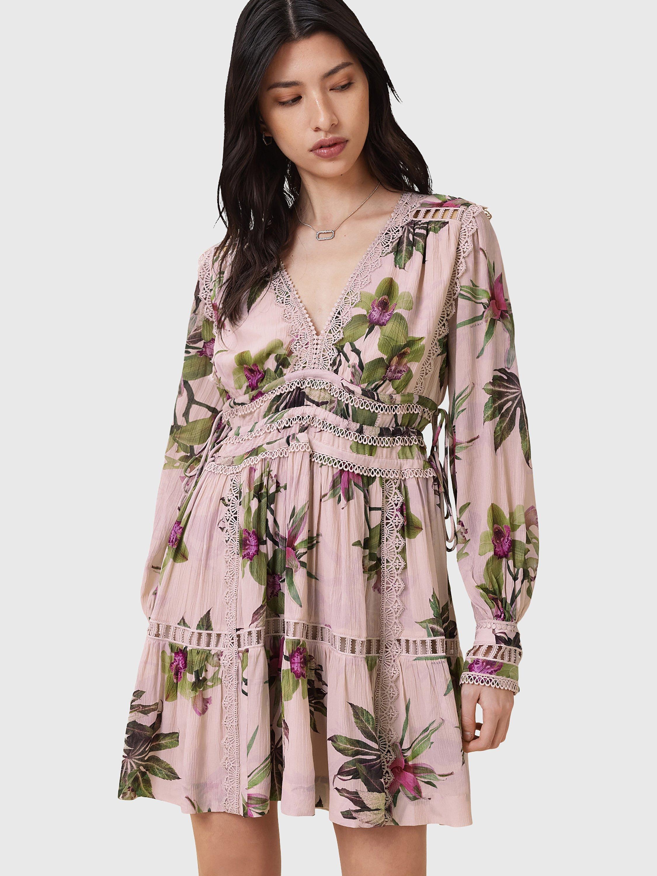 Product image 7 of 9, which shows AllSaints Xanthe Floral Mini Dress, Pink/Multi, 8