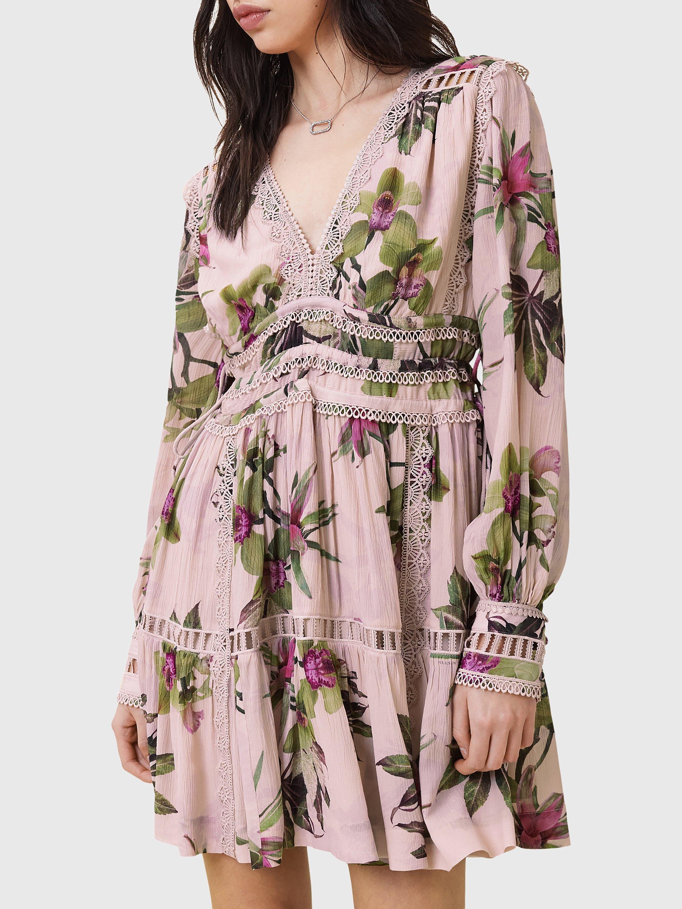 Product image 9 of 9, which shows AllSaints Xanthe Floral Mini Dress, Pink/Multi, 8