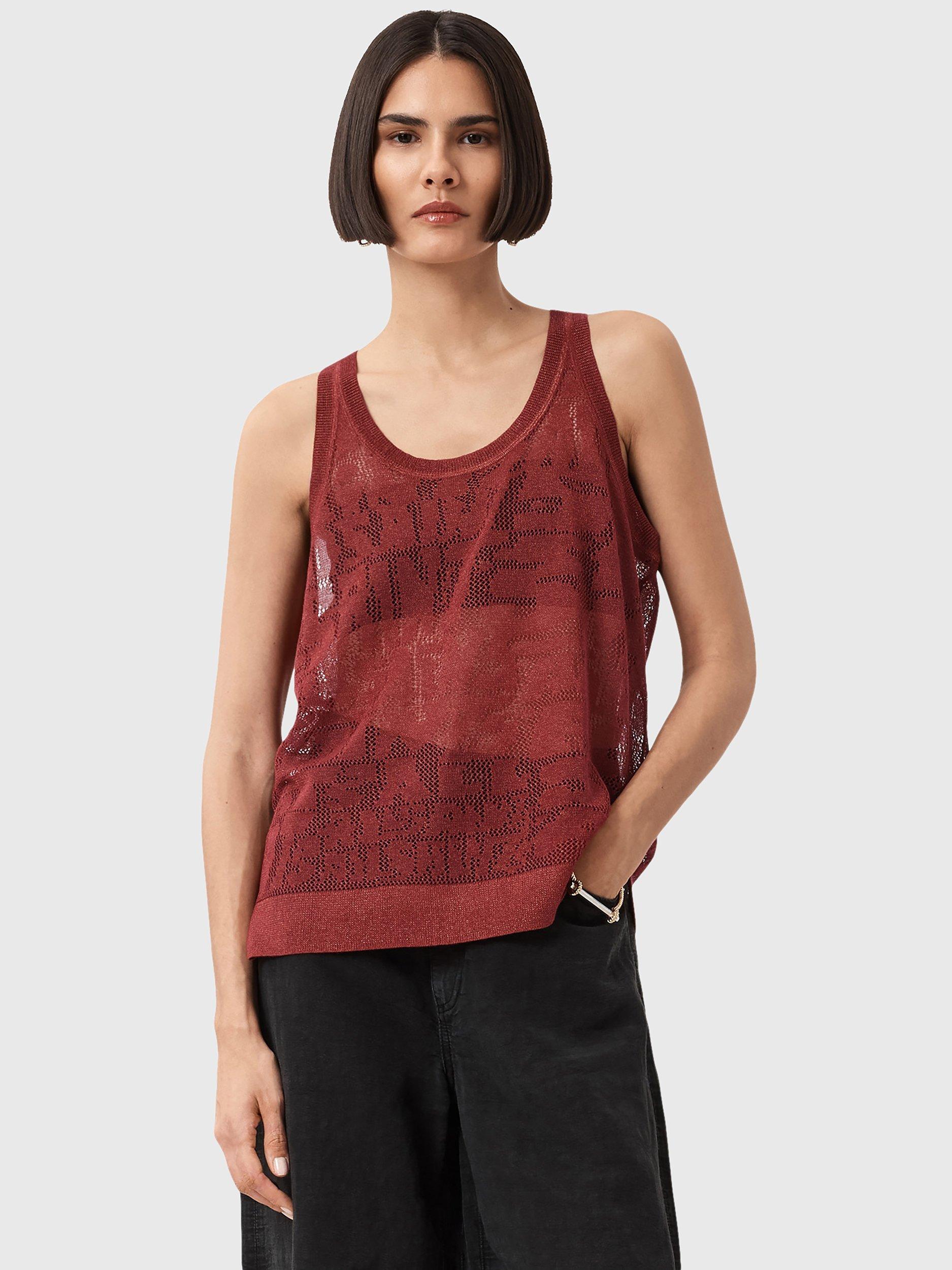 Product image 1 of 1, which shows AllSaints Kaito Semi Sheer Tank Top, Rosewood Red, L