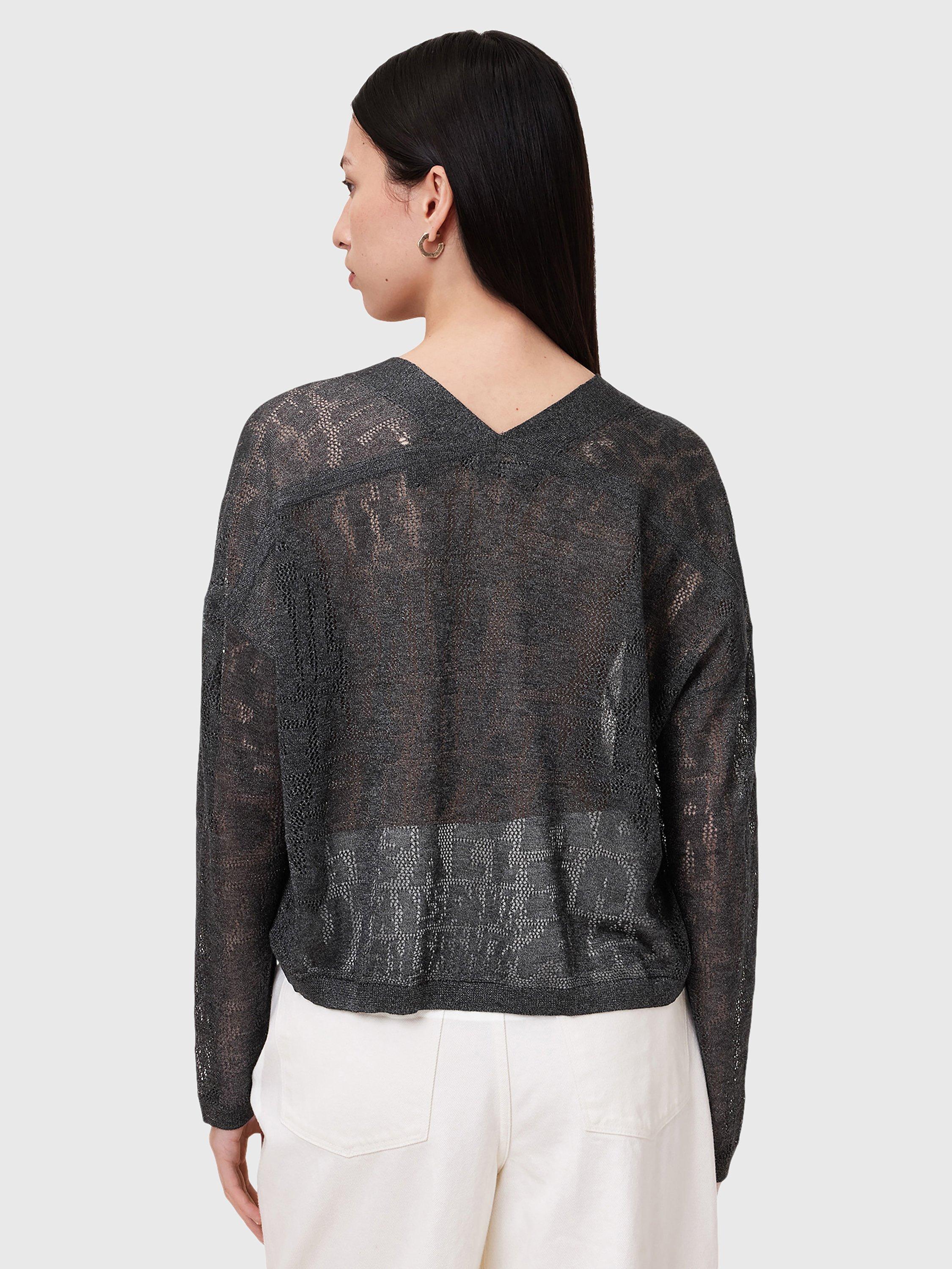 Product image 2 of 7, which shows AllSaints Kaito V-Neck Long Sleeved Jacquard Knit Jumper, Carbon Grey, 14|16