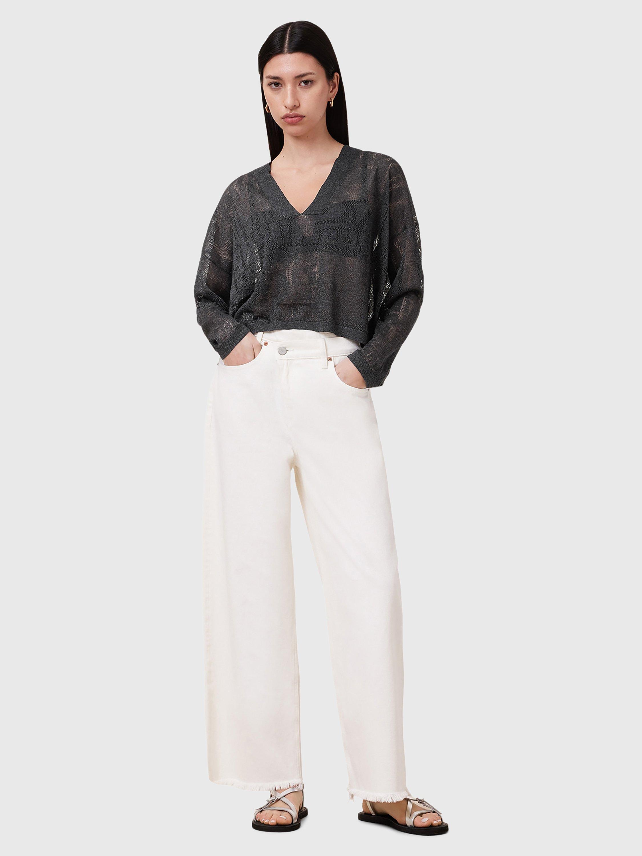 Product image 3 of 7, which shows AllSaints Kaito V-Neck Long Sleeved Jacquard Knit Jumper, Carbon Grey, 14|16