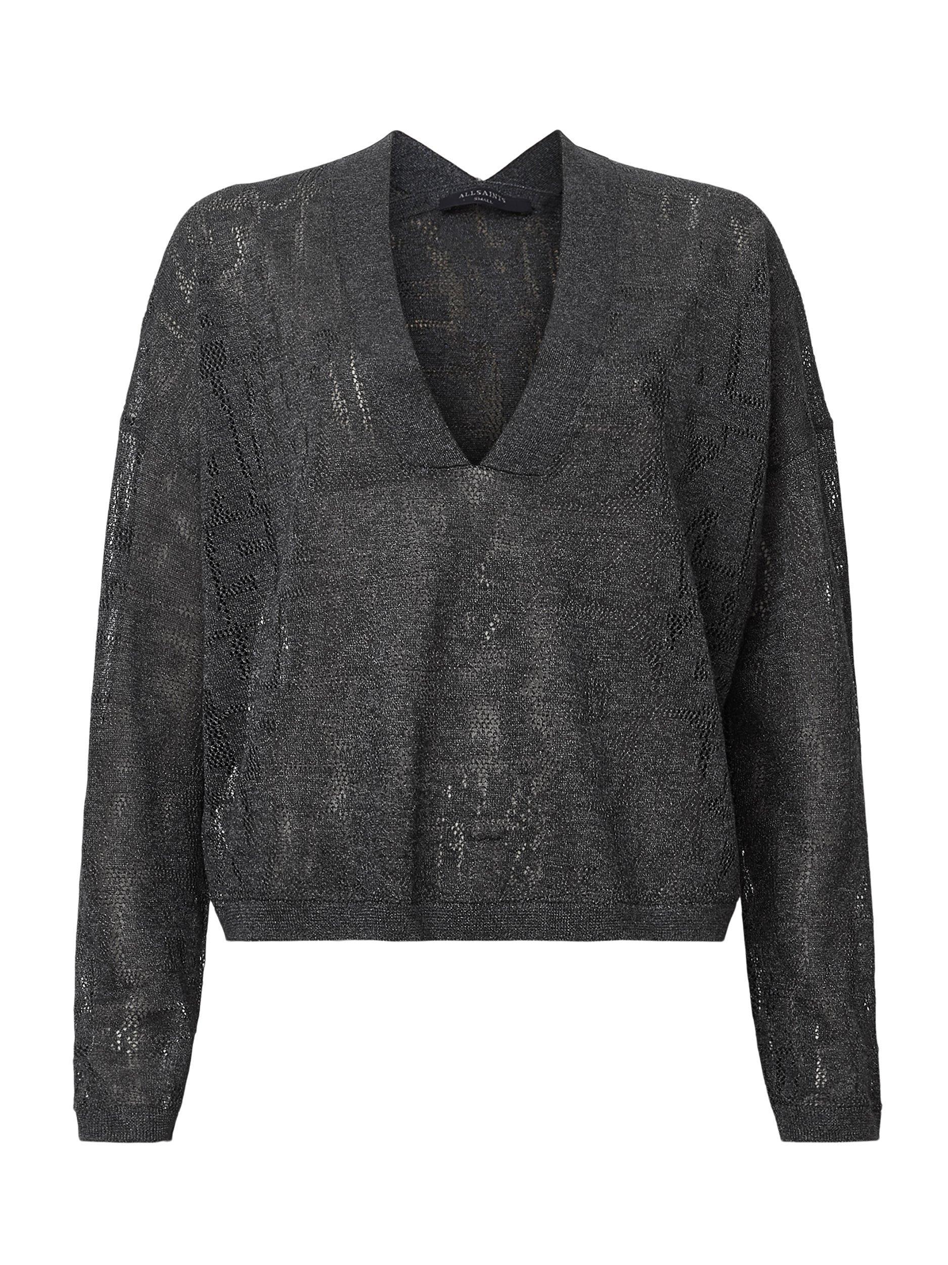 Product image 4 of 7, which shows AllSaints Kaito V-Neck Long Sleeved Jacquard Knit Jumper, Carbon Grey, 14|16