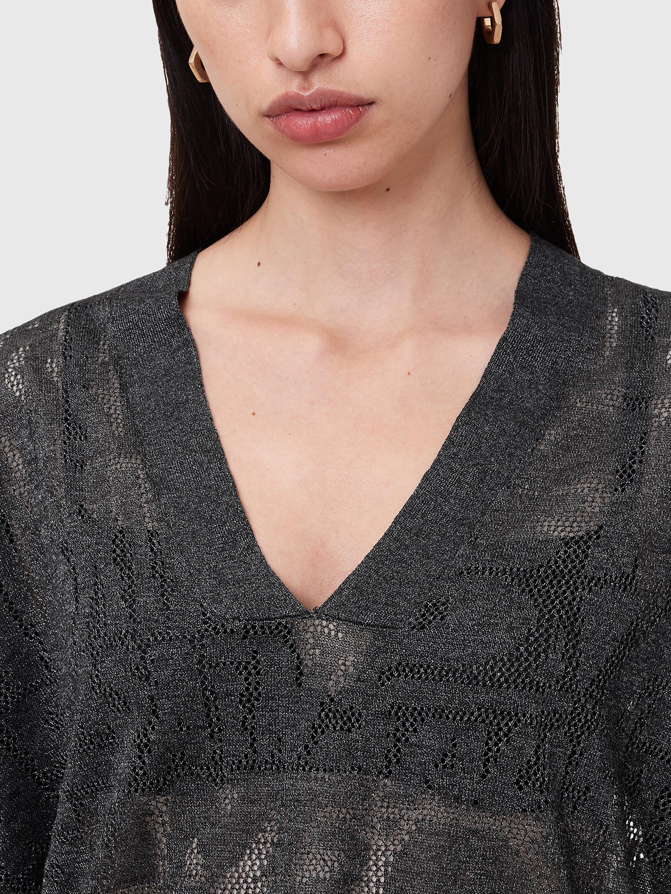 Product image 5 of 7, which shows AllSaints Kaito V-Neck Long Sleeved Jacquard Knit Jumper, Carbon Grey, 14|16