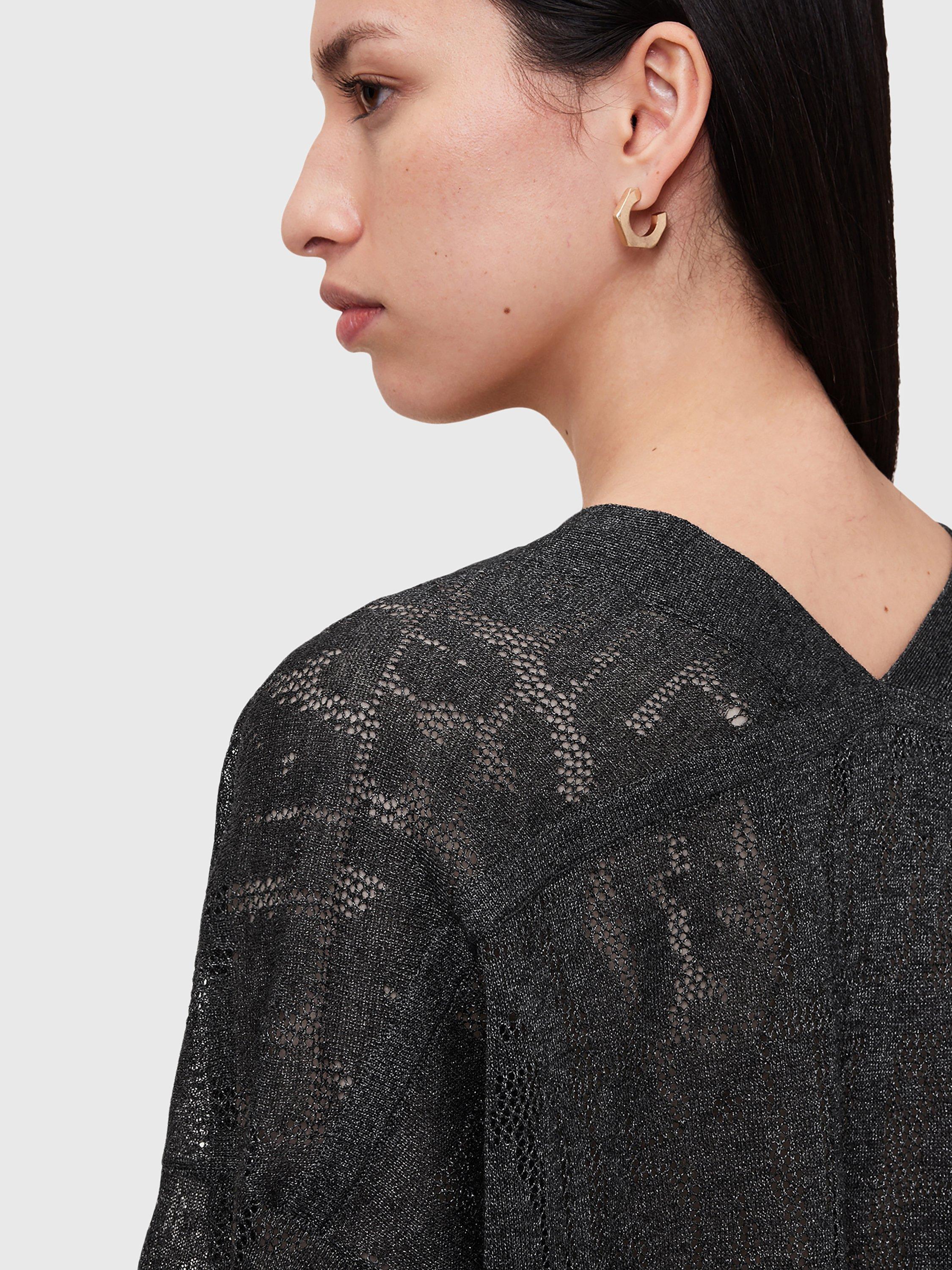 Product image 6 of 7, which shows AllSaints Kaito V-Neck Long Sleeved Jacquard Knit Jumper, Carbon Grey, 14|16