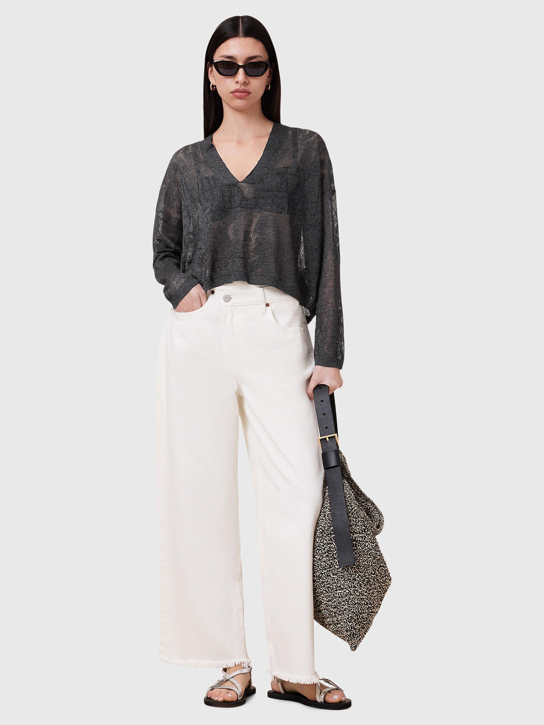Product image 7 of 7, which shows AllSaints Kaito V-Neck Long Sleeved Jacquard Knit Jumper, Carbon Grey, 14|16