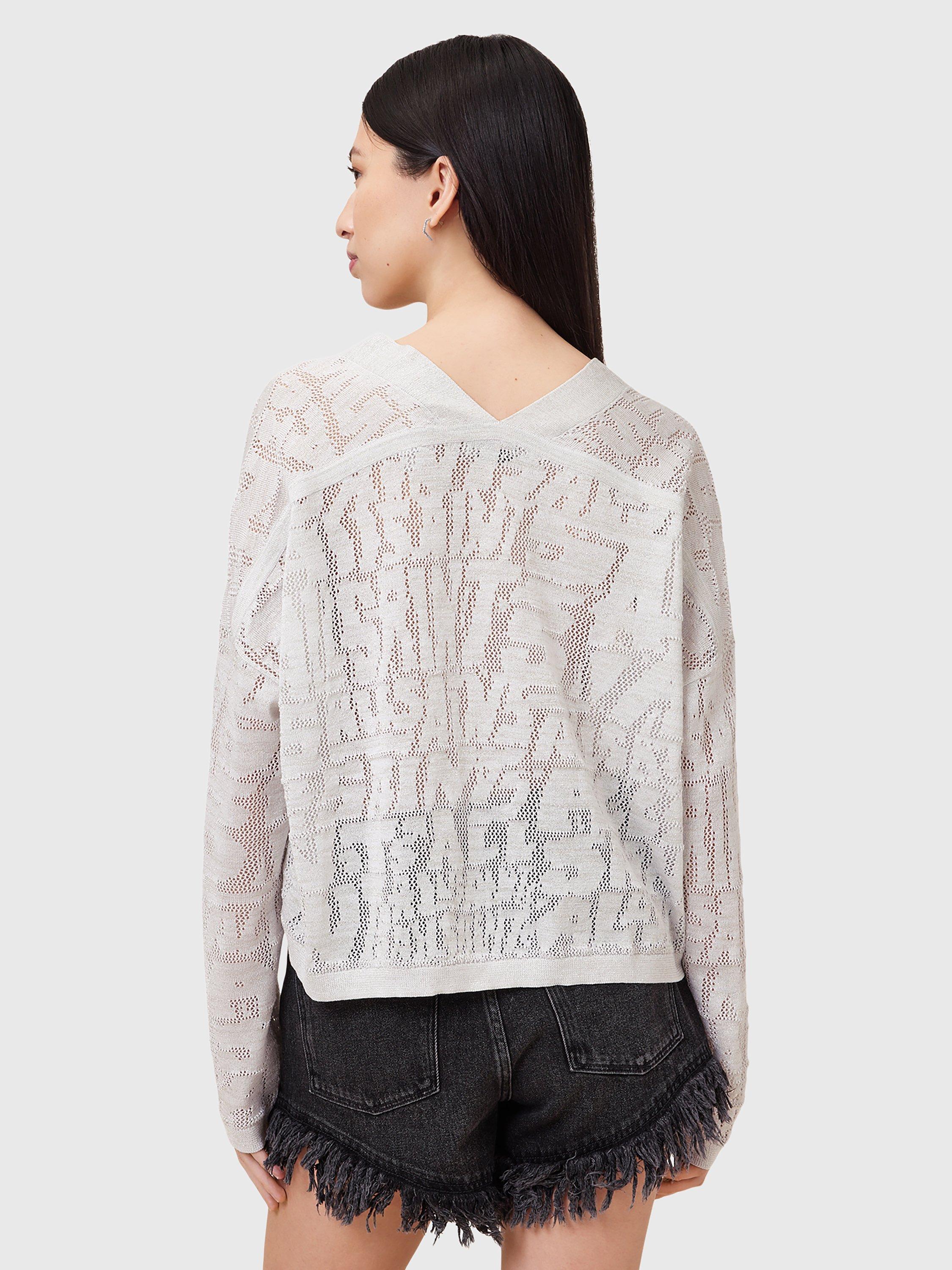 Product image 2 of 7, which shows AllSaints Kaito V-Neck Long Sleeved Jacquard Knit Jumper, Chalk White, 6|8