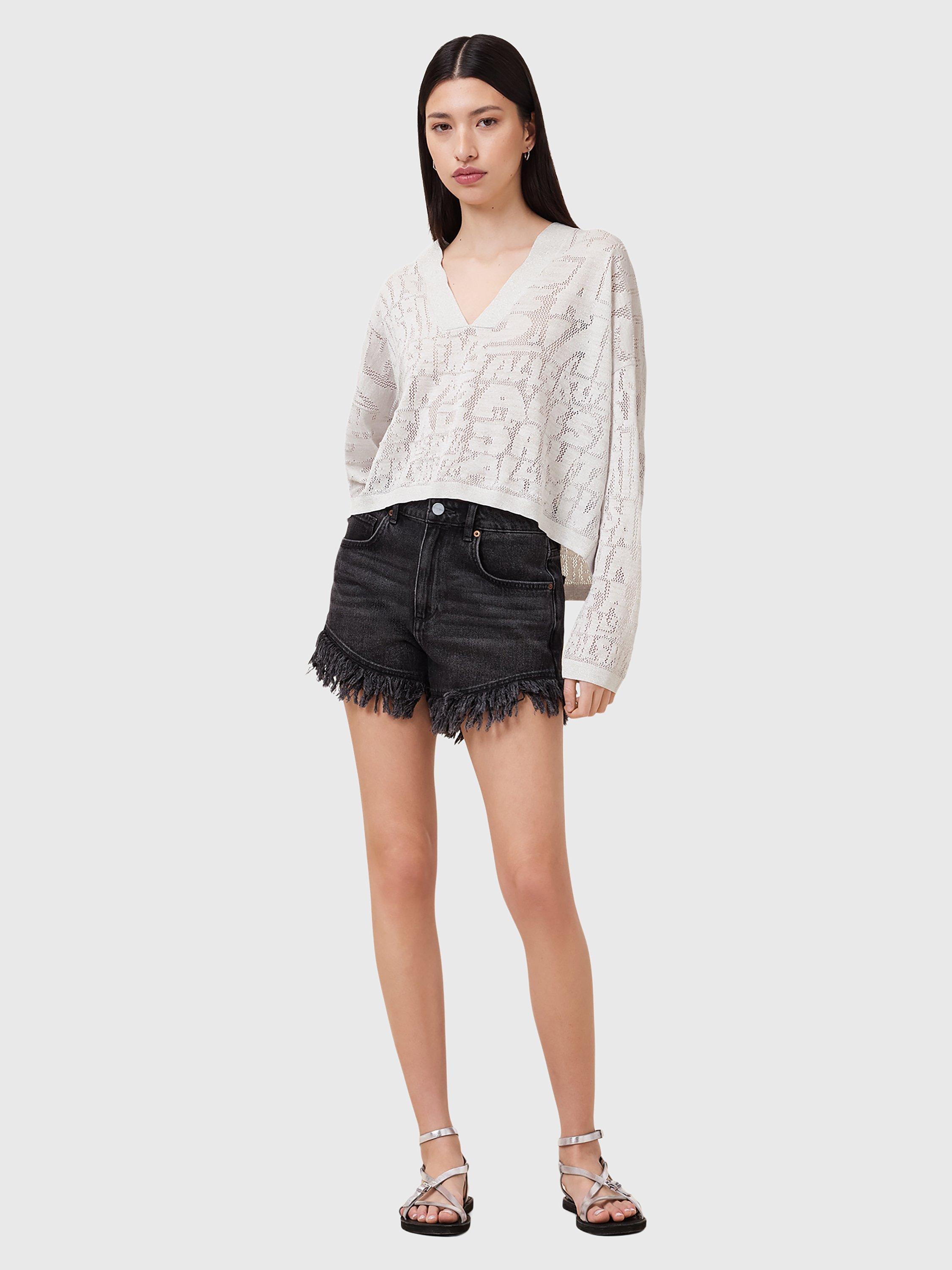 Product image 3 of 7, which shows AllSaints Kaito V-Neck Long Sleeved Jacquard Knit Jumper, Chalk White, 6|8
