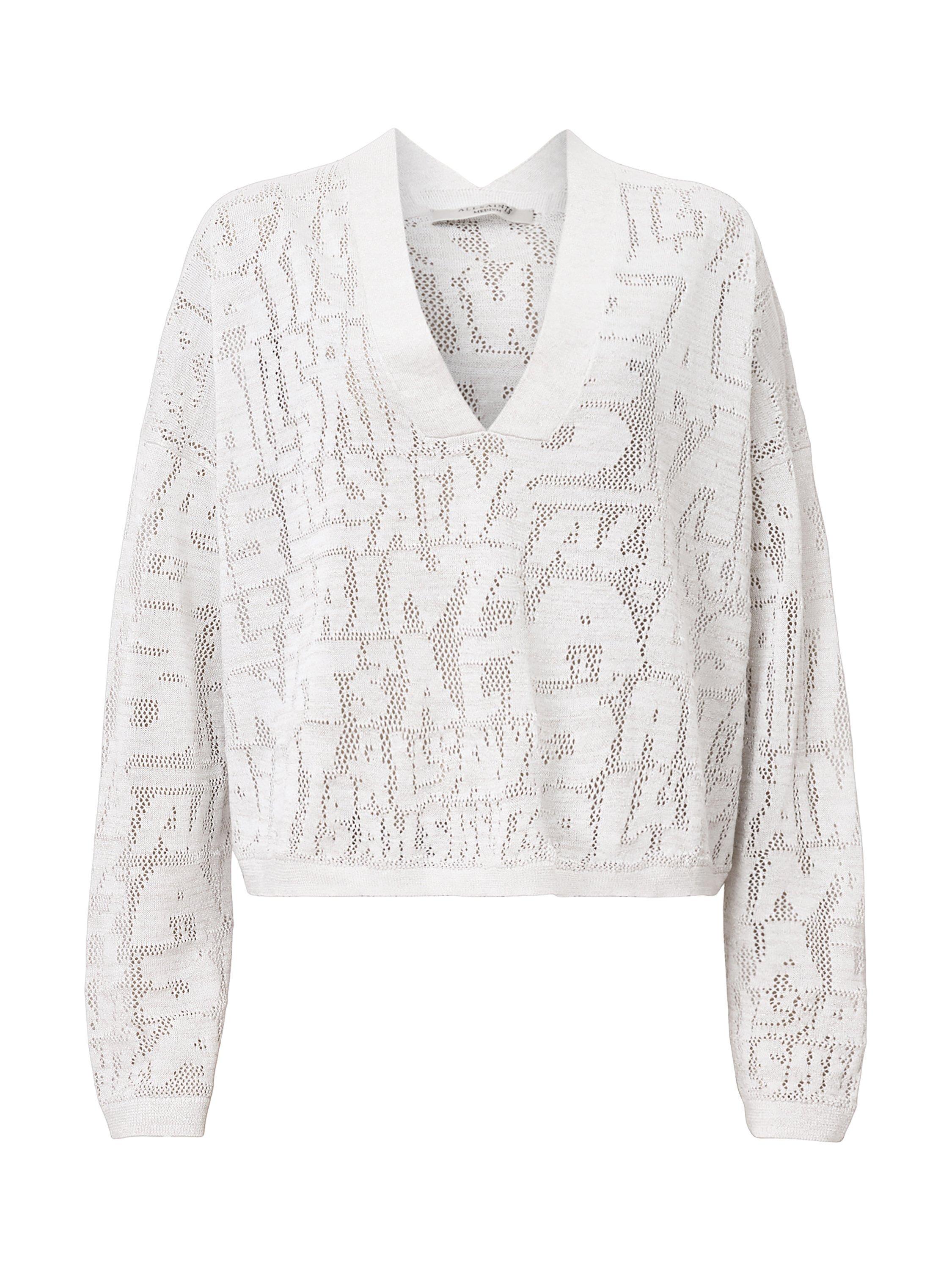 Product image 4 of 7, which shows AllSaints Kaito V-Neck Long Sleeved Jacquard Knit Jumper, Chalk White, 6|8