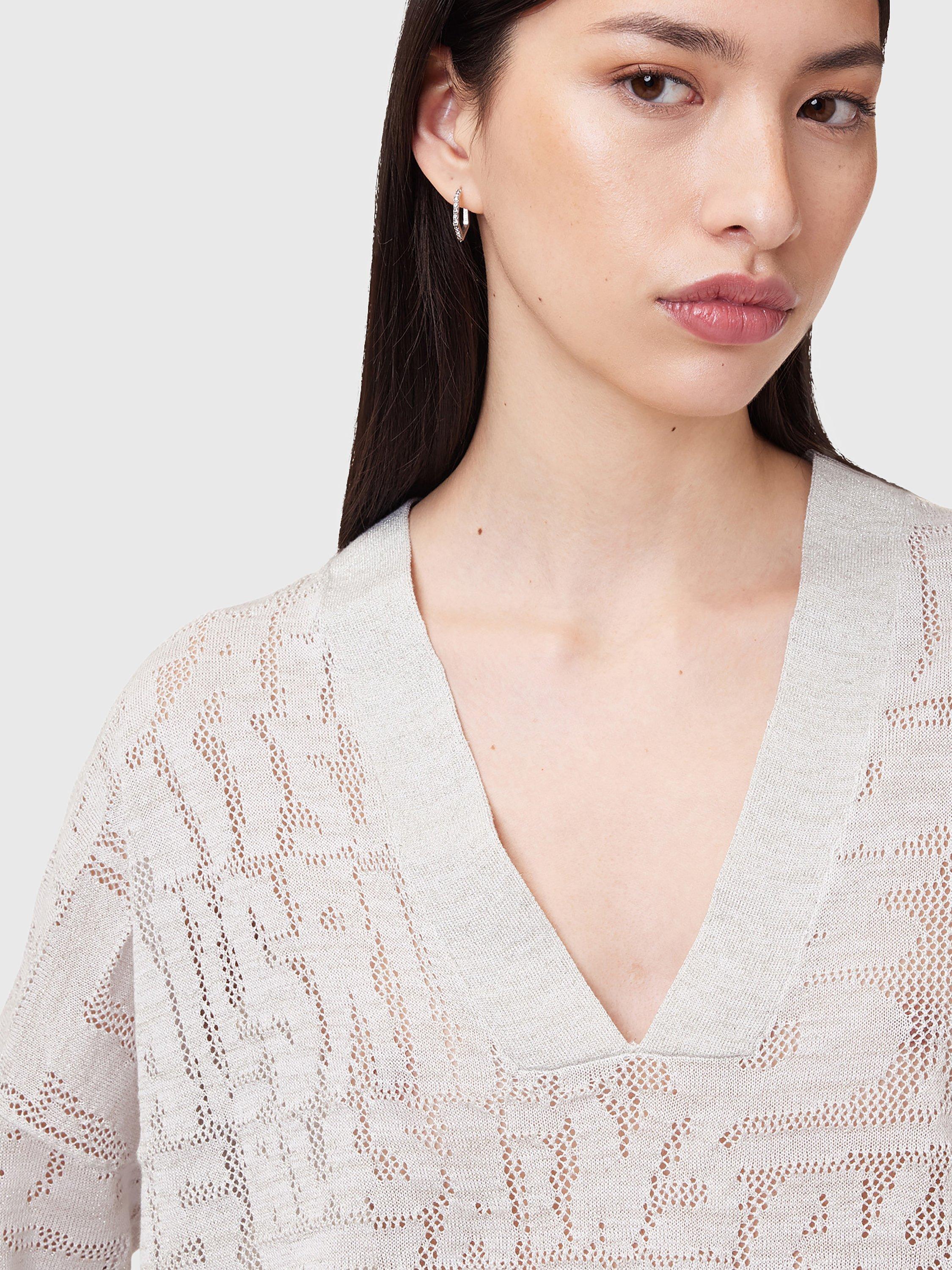 Product image 5 of 7, which shows AllSaints Kaito V-Neck Long Sleeved Jacquard Knit Jumper, Chalk White, 6|8