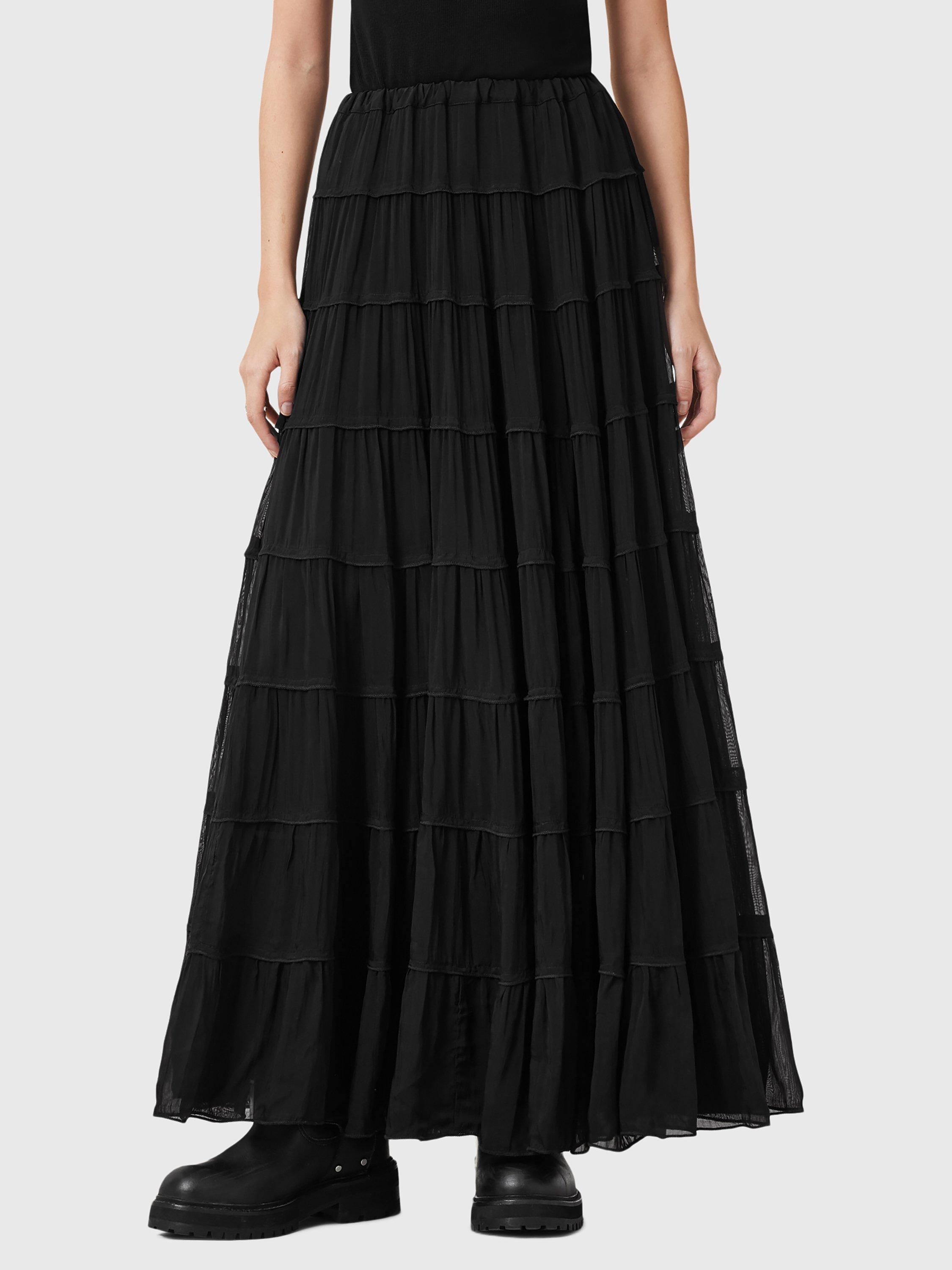 Product image 1 of 6, which shows AllSaints Eva Texture Tiered Maxi Skirt, Black, 10