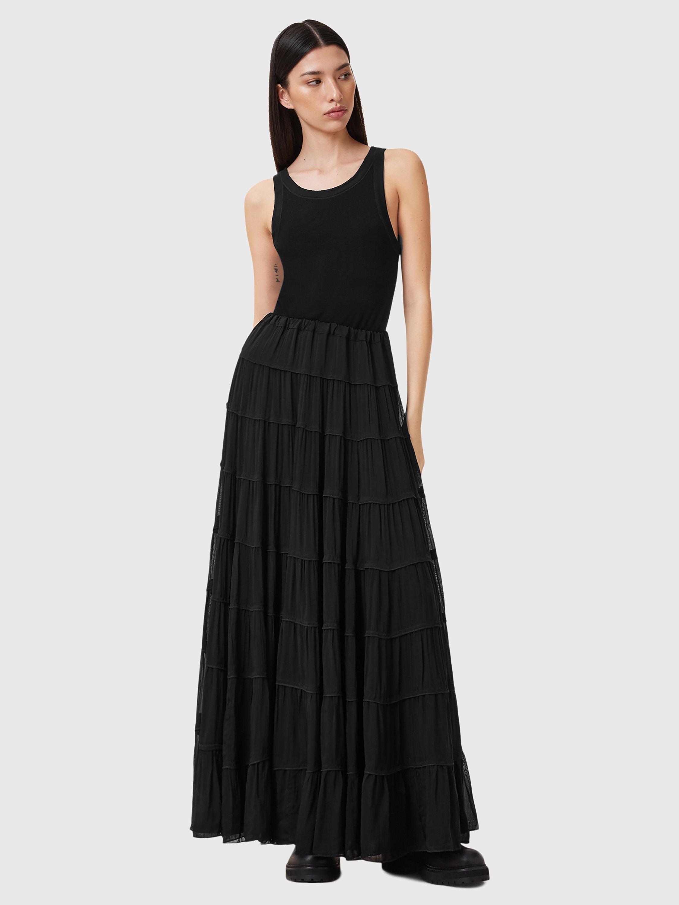 Product image 3 of 6, which shows AllSaints Eva Texture Tiered Maxi Skirt, Black, 10