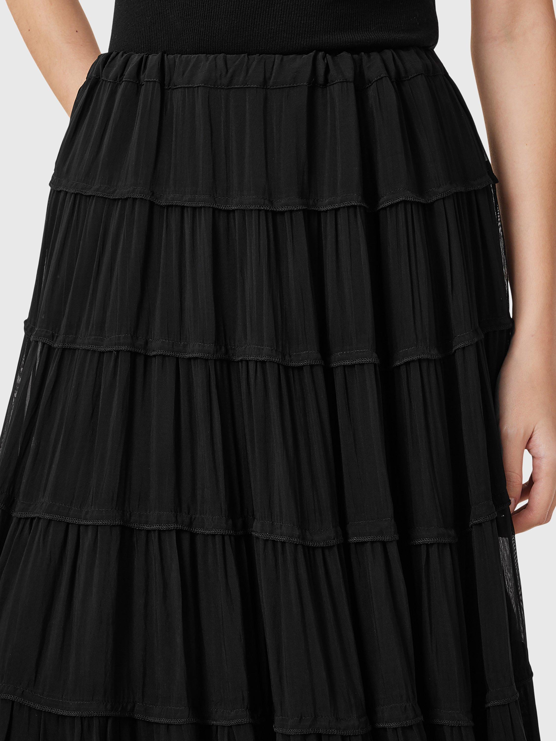 Product image 5 of 6, which shows AllSaints Eva Texture Tiered Maxi Skirt, Black, 10