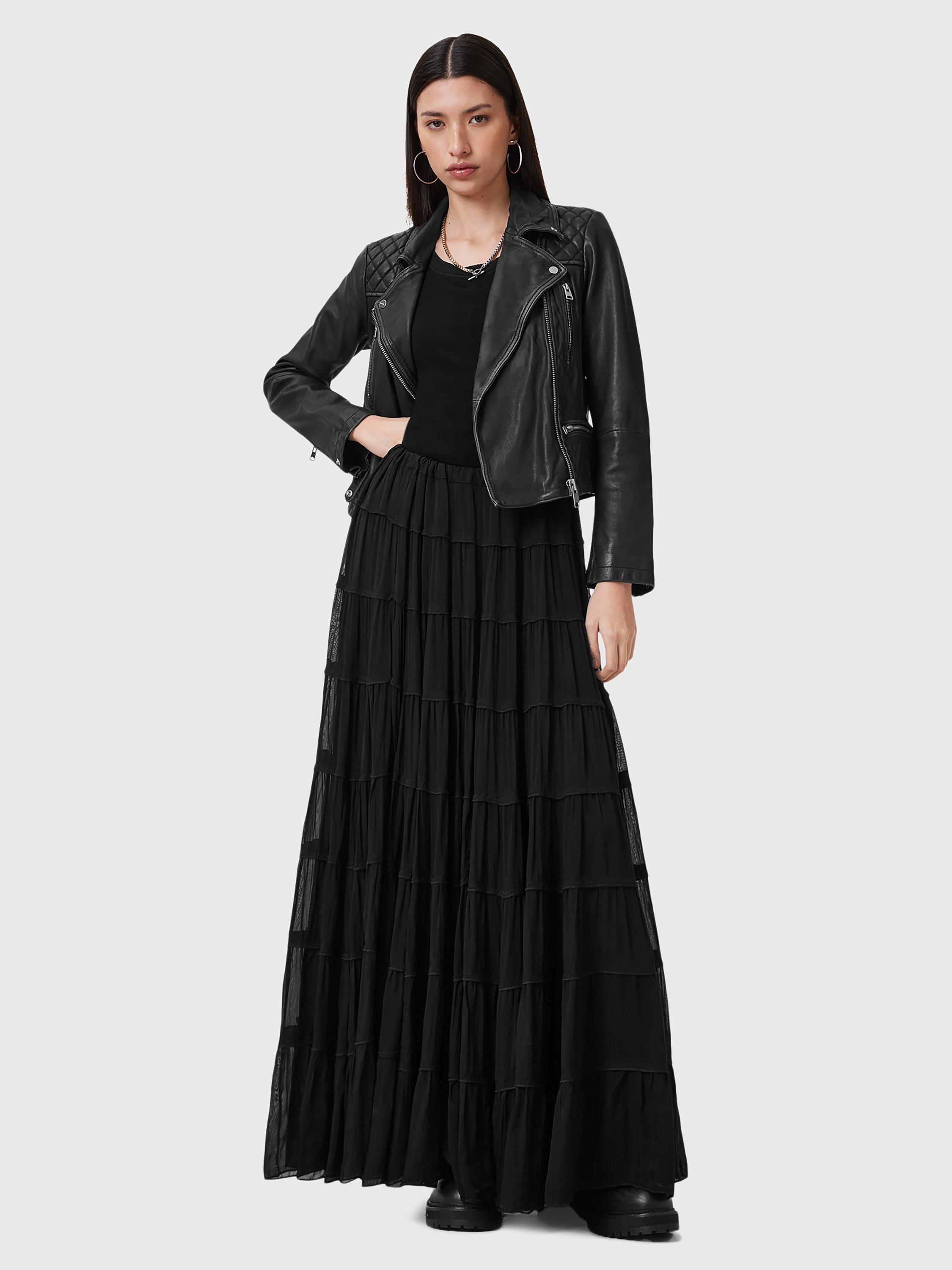 Product image 6 of 6, which shows AllSaints Eva Texture Tiered Maxi Skirt, Black, 10