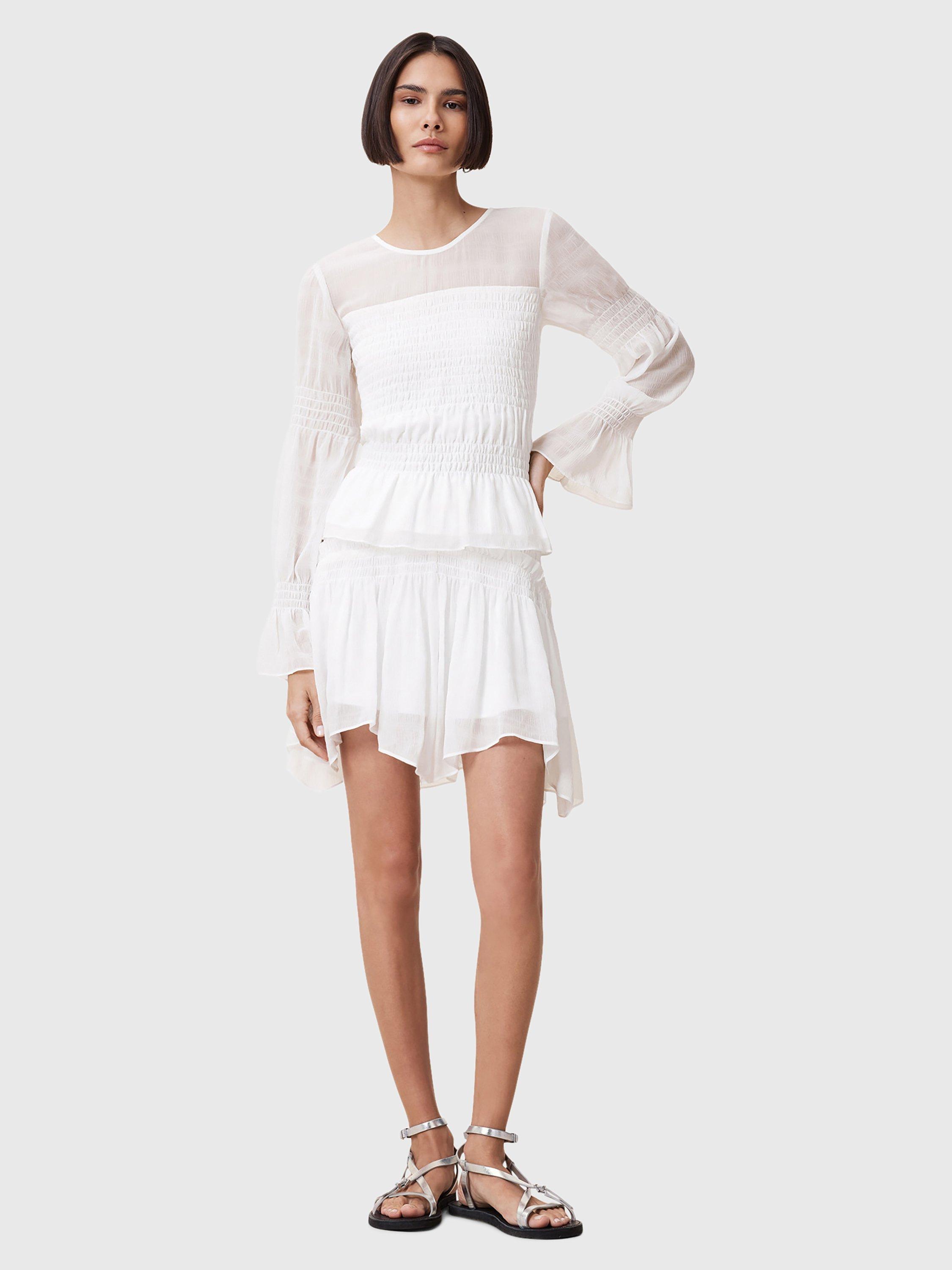 Product image 3 of 8, which shows AllSaints Pamela Asymmetrical Ruffled Hem Mixed Blend Mini Skirt, White, 6