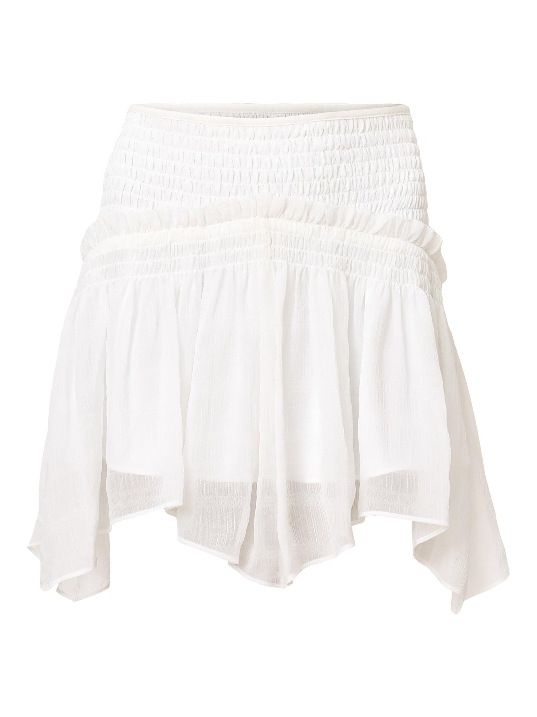 Product image 4 of 8, which shows AllSaints Pamela Asymmetrical Ruffled Hem Mixed Blend Mini Skirt, White, 6
