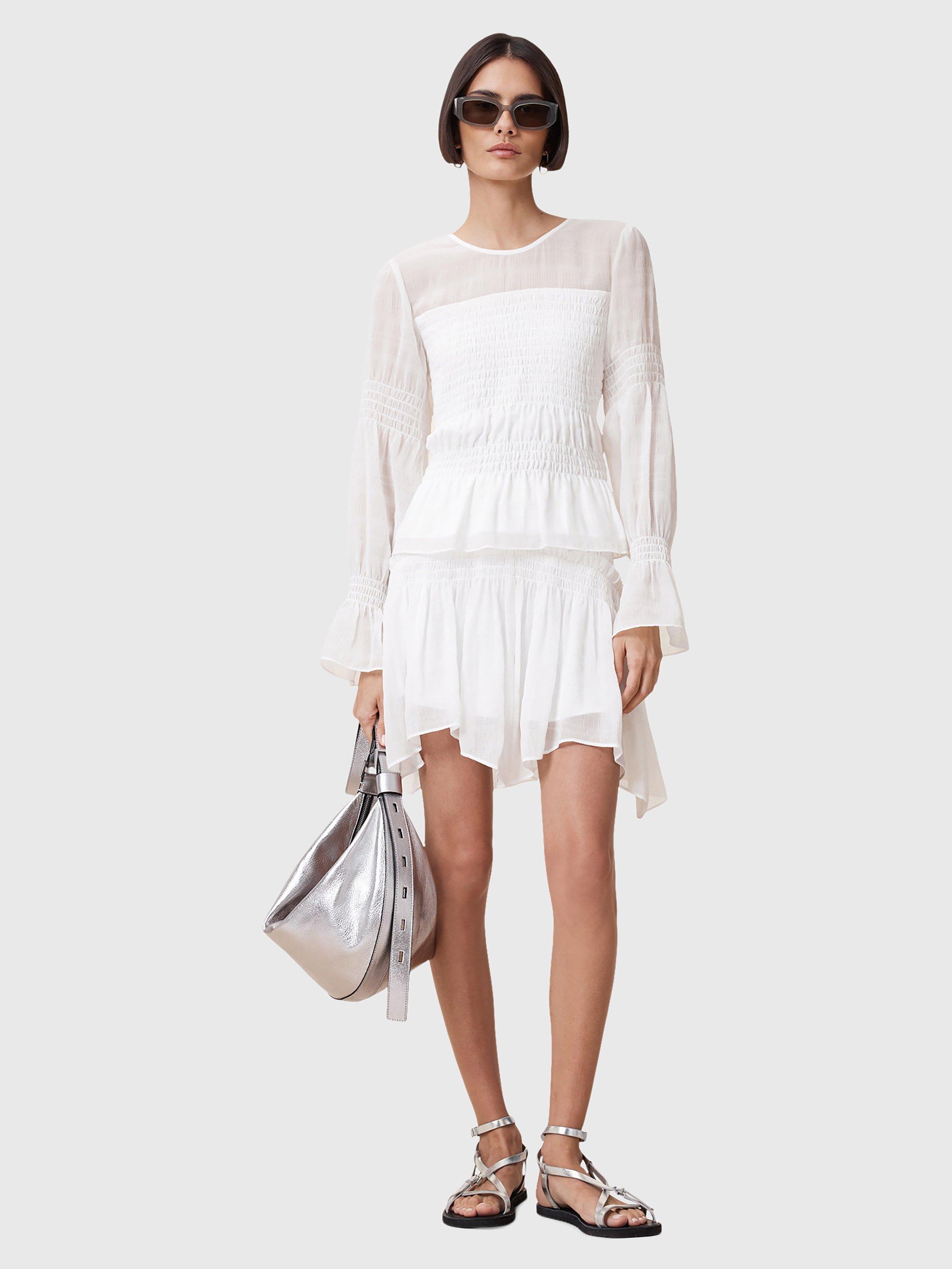 Product image 5 of 8, which shows AllSaints Pamela Asymmetrical Ruffled Hem Mixed Blend Mini Skirt, White, 6
