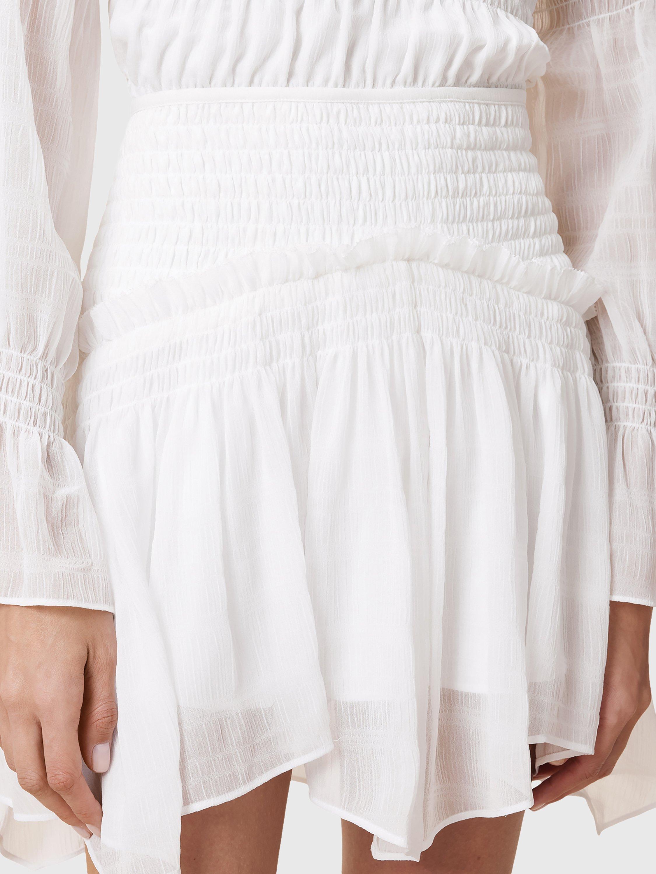 Product image 6 of 8, which shows AllSaints Pamela Asymmetrical Ruffled Hem Mixed Blend Mini Skirt, White, 6