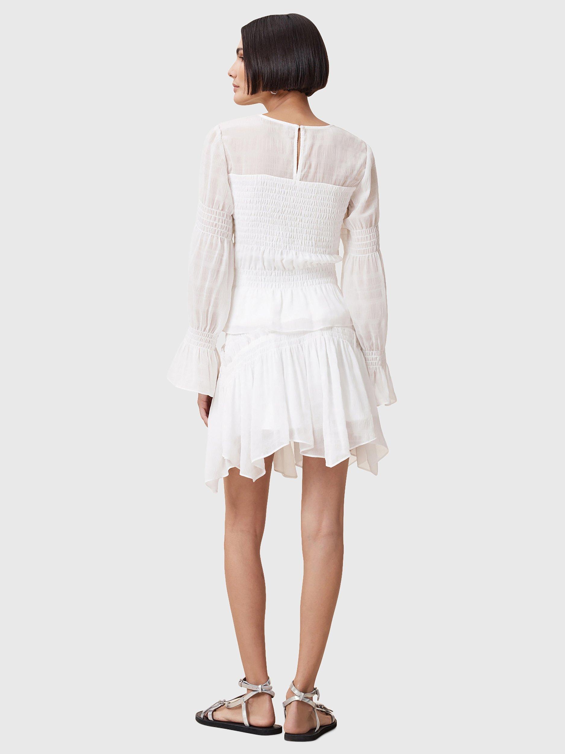 Product image 8 of 8, which shows AllSaints Pamela Asymmetrical Ruffled Hem Mixed Blend Mini Skirt, White, 6