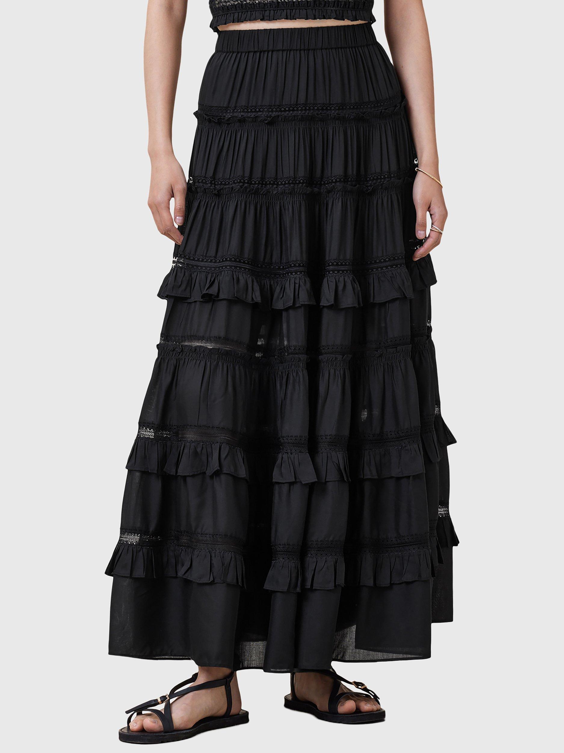 Product image 1 of 9, which shows AllSaints Talia Tiered Maxi Skirt, Black, 6