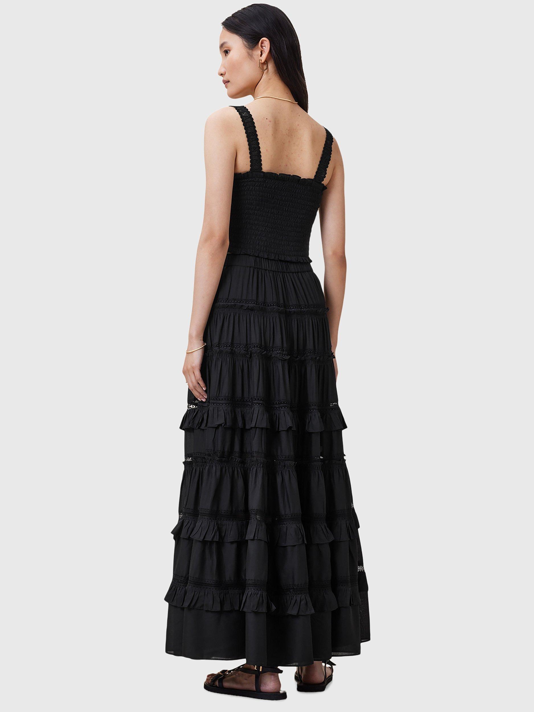 Product image 2 of 9, which shows AllSaints Talia Tiered Maxi Skirt, Black, 6
