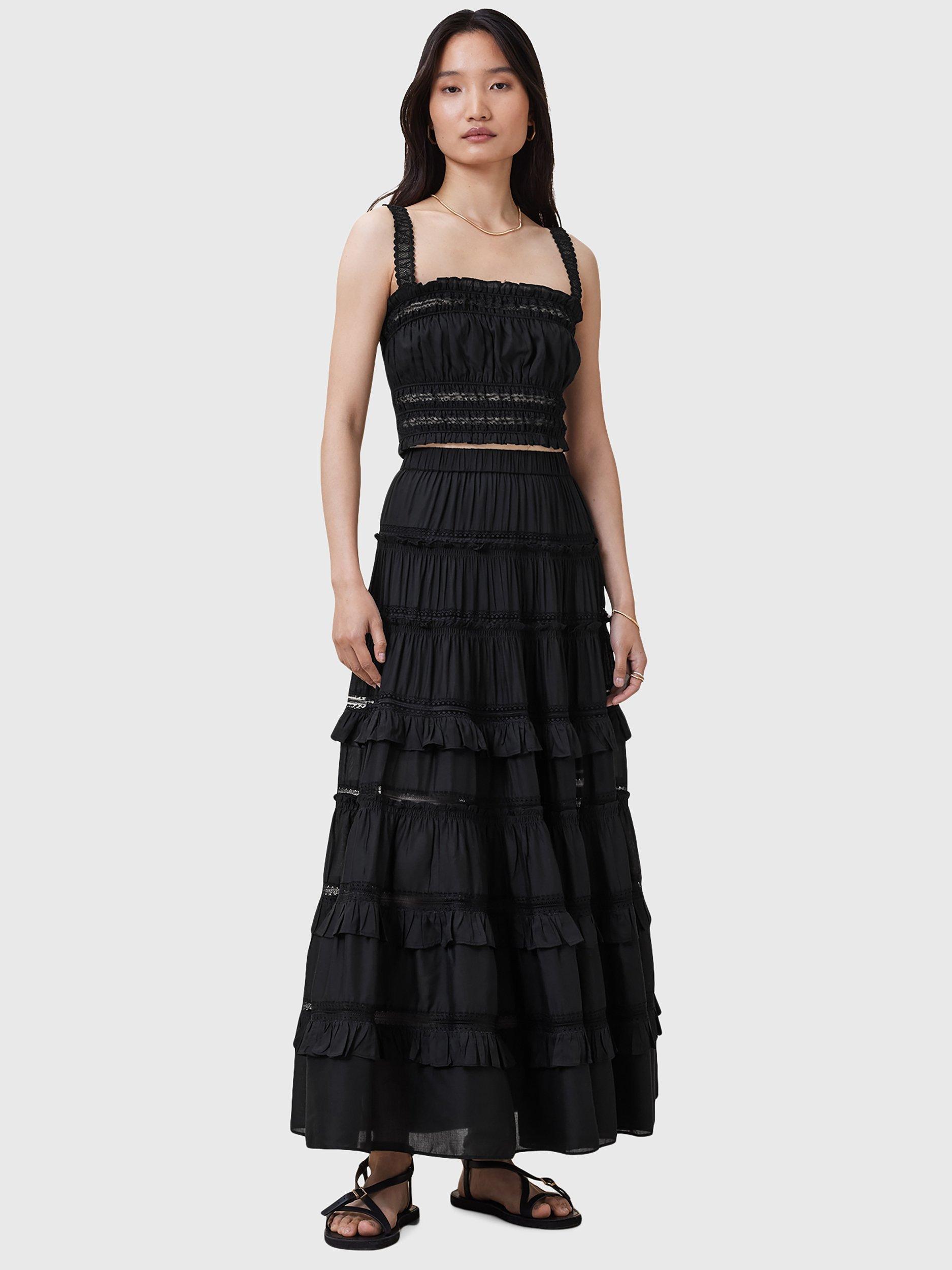 Product image 3 of 9, which shows AllSaints Talia Tiered Maxi Skirt, Black, 6