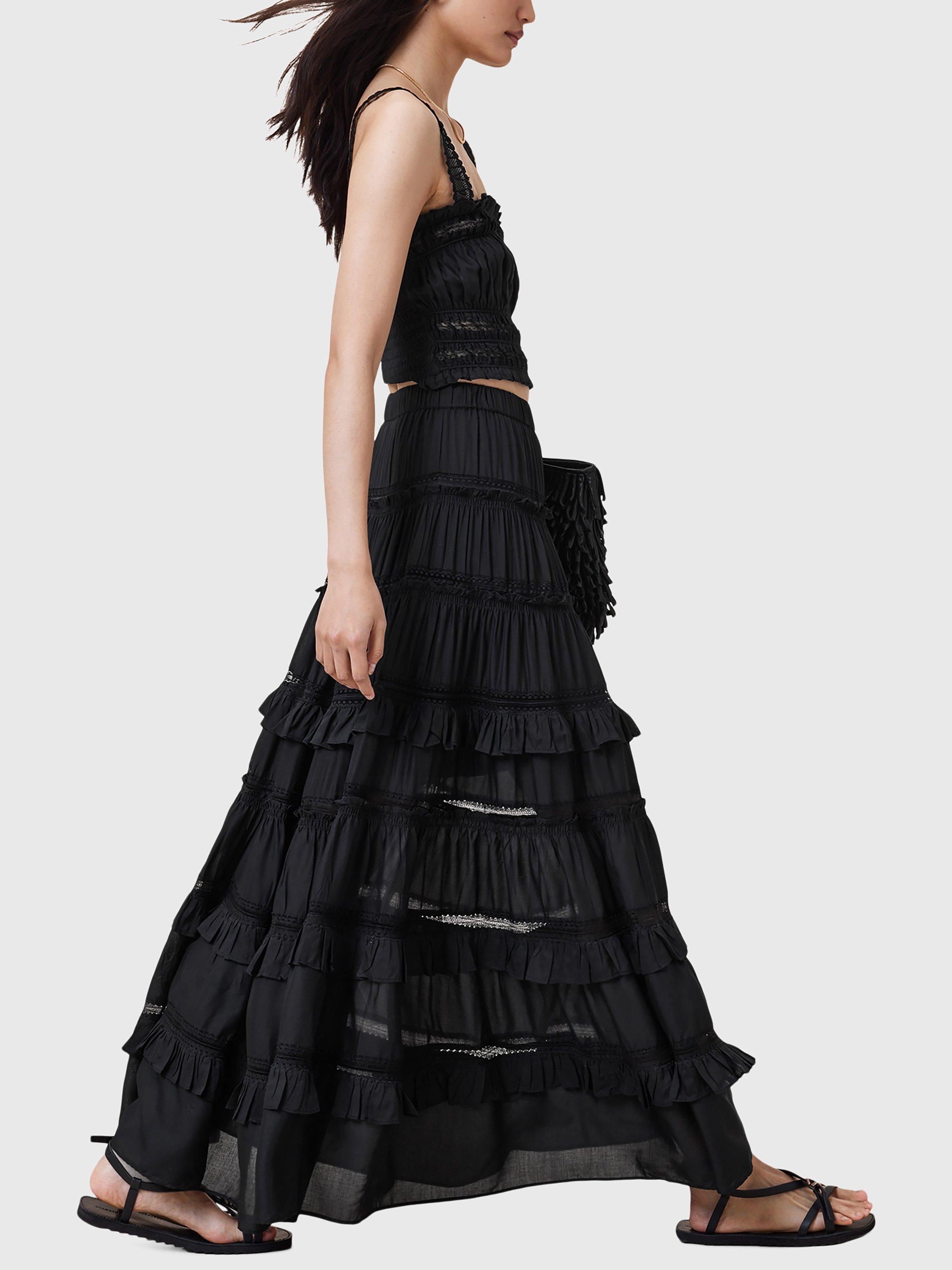 Product image 6 of 9, which shows AllSaints Talia Tiered Maxi Skirt, Black, 6