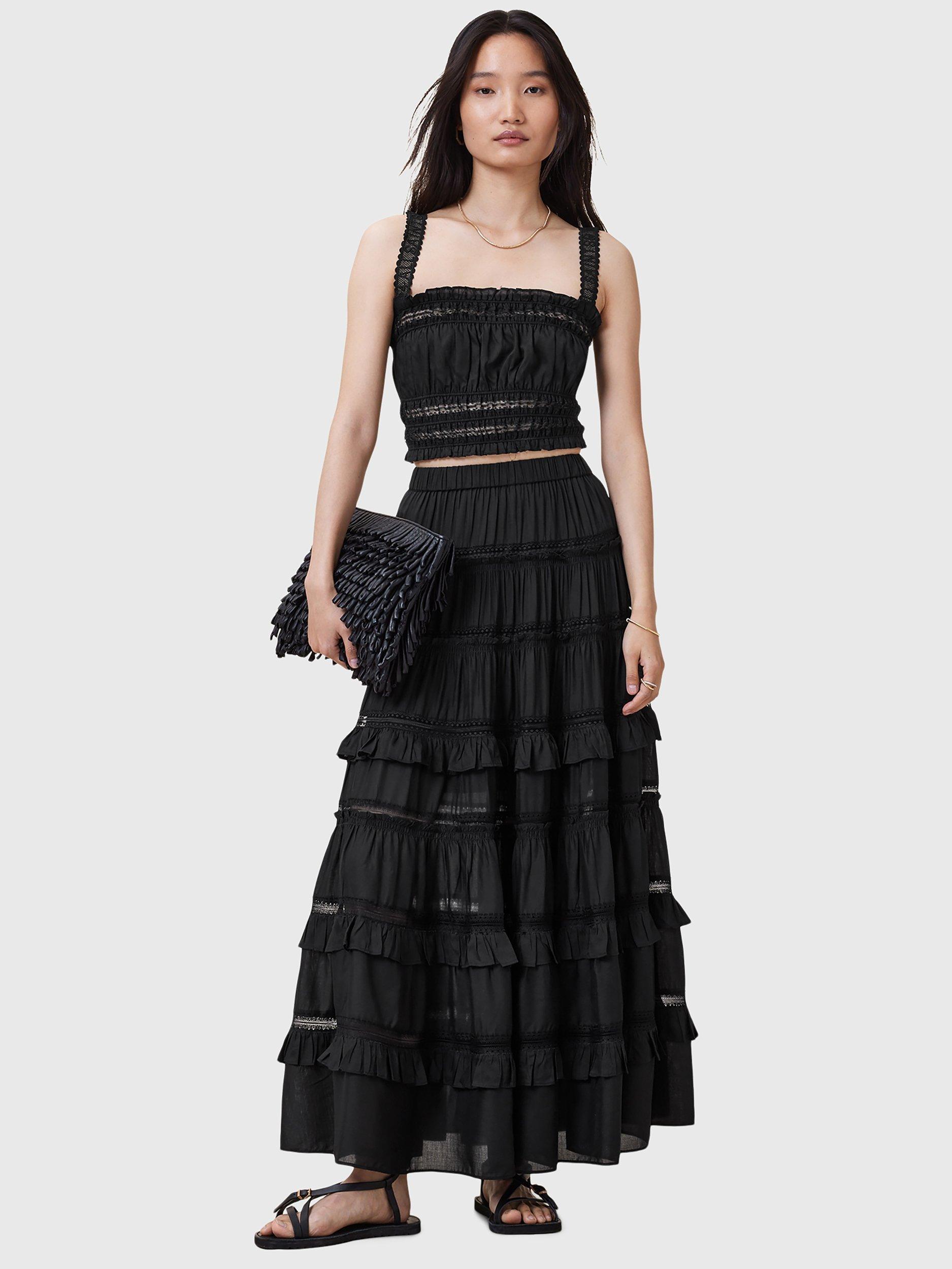 Product image 7 of 9, which shows AllSaints Talia Tiered Maxi Skirt, Black, 6