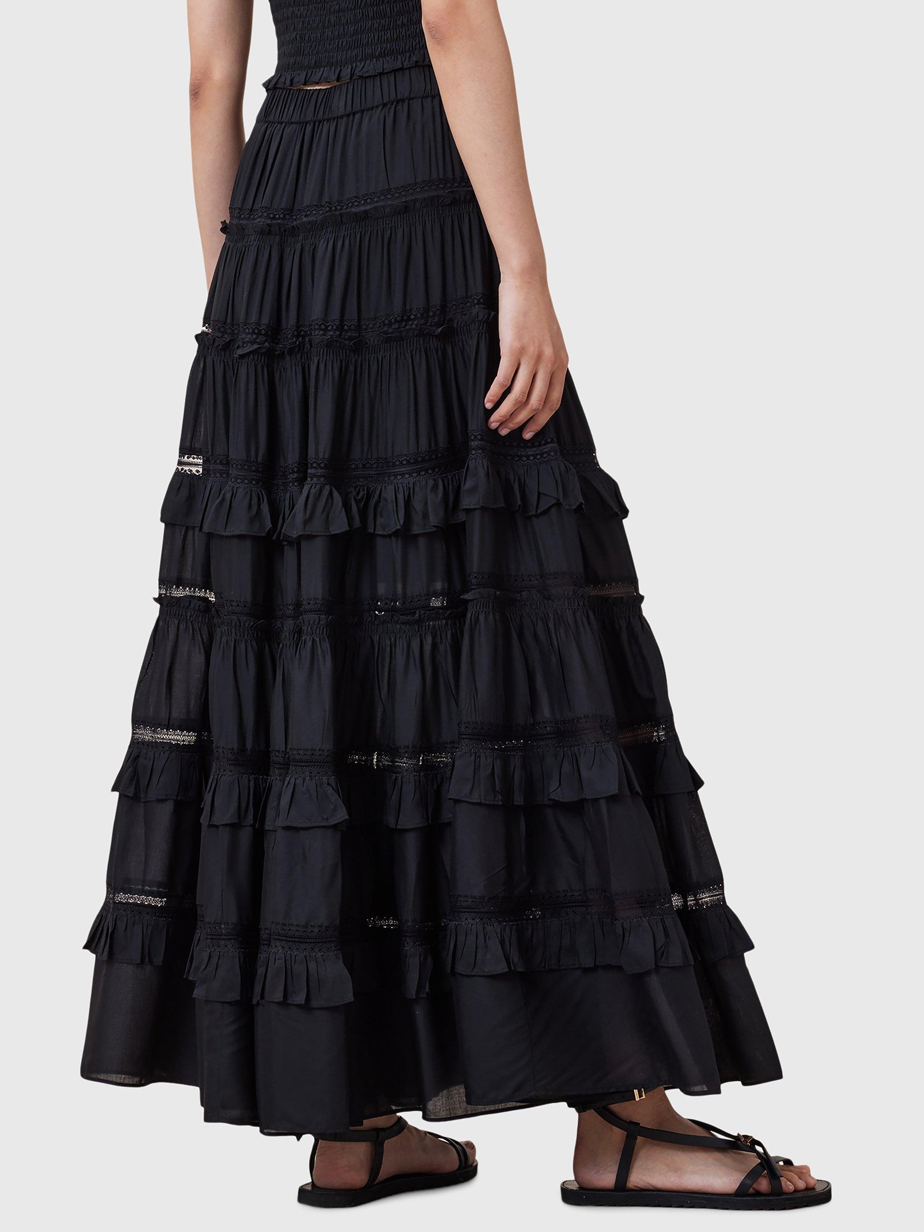 Product image 8 of 9, which shows AllSaints Talia Tiered Maxi Skirt, Black, 6