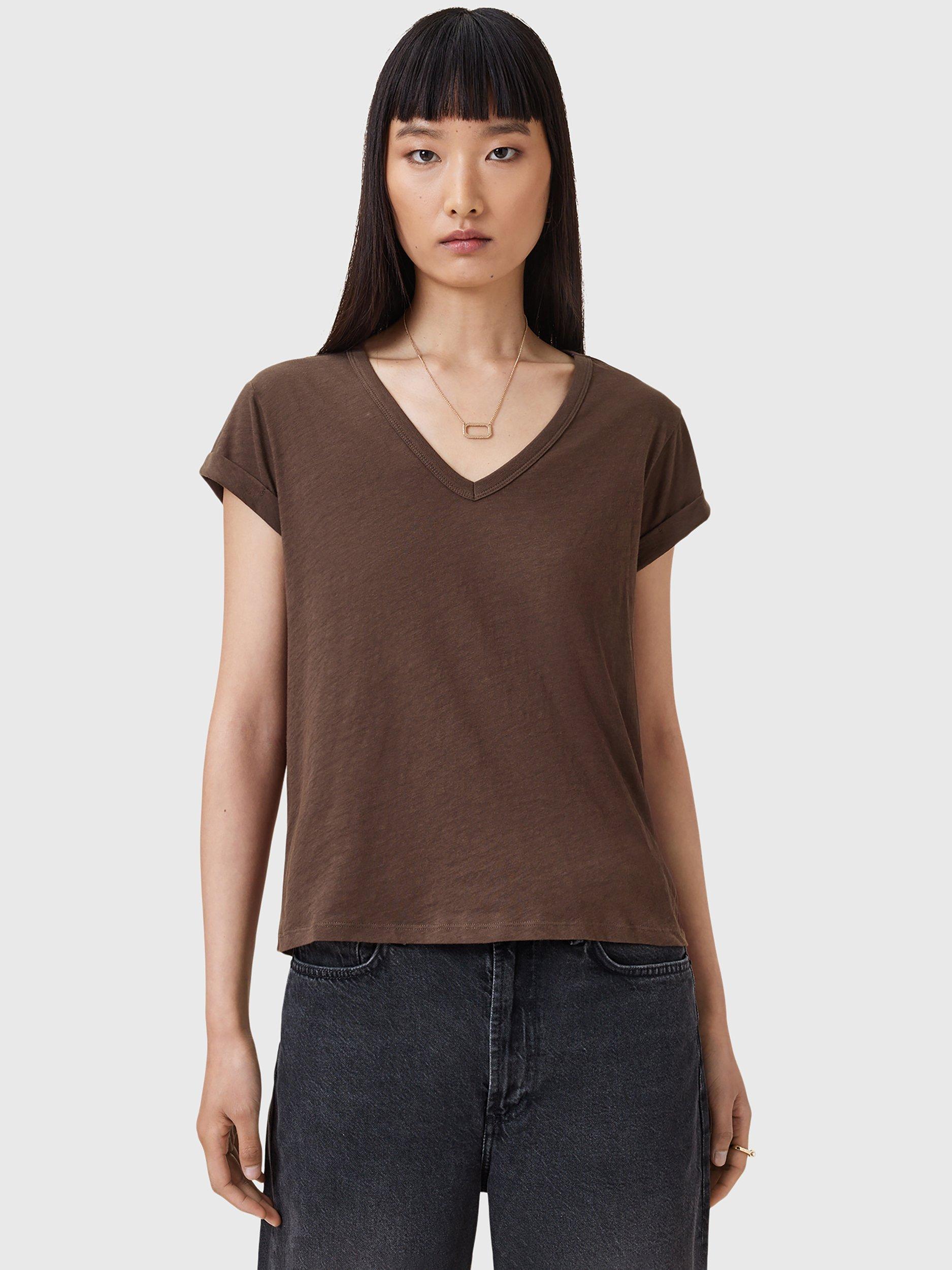 Product image 6 of 8, which shows AllSaints Anna V Classic Cotton T-Shirt, Bitter Brown, XS