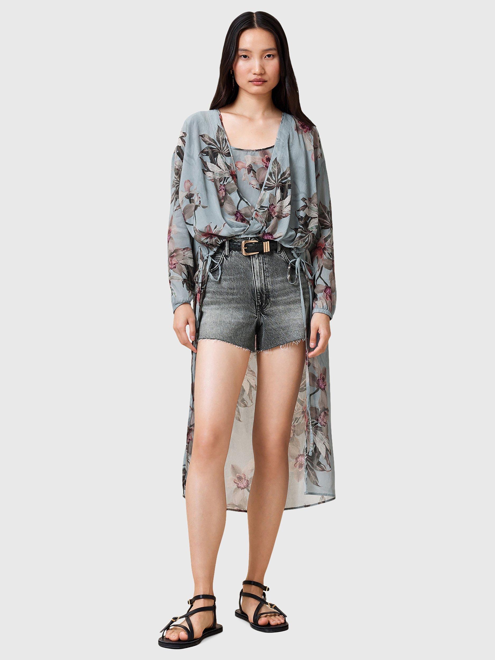 Product image 3 of 8, which shows AllSaints Avala Floral Print Beach Blouse, Adena Dusty Blue/Multi, 10