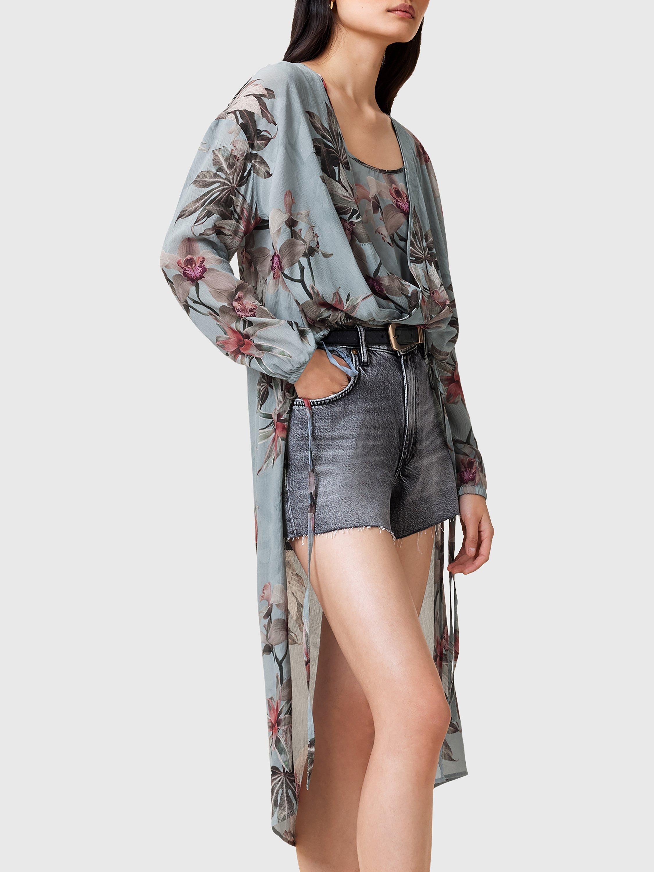 Product image 7 of 8, which shows AllSaints Avala Floral Print Beach Blouse, Adena Dusty Blue/Multi, 10