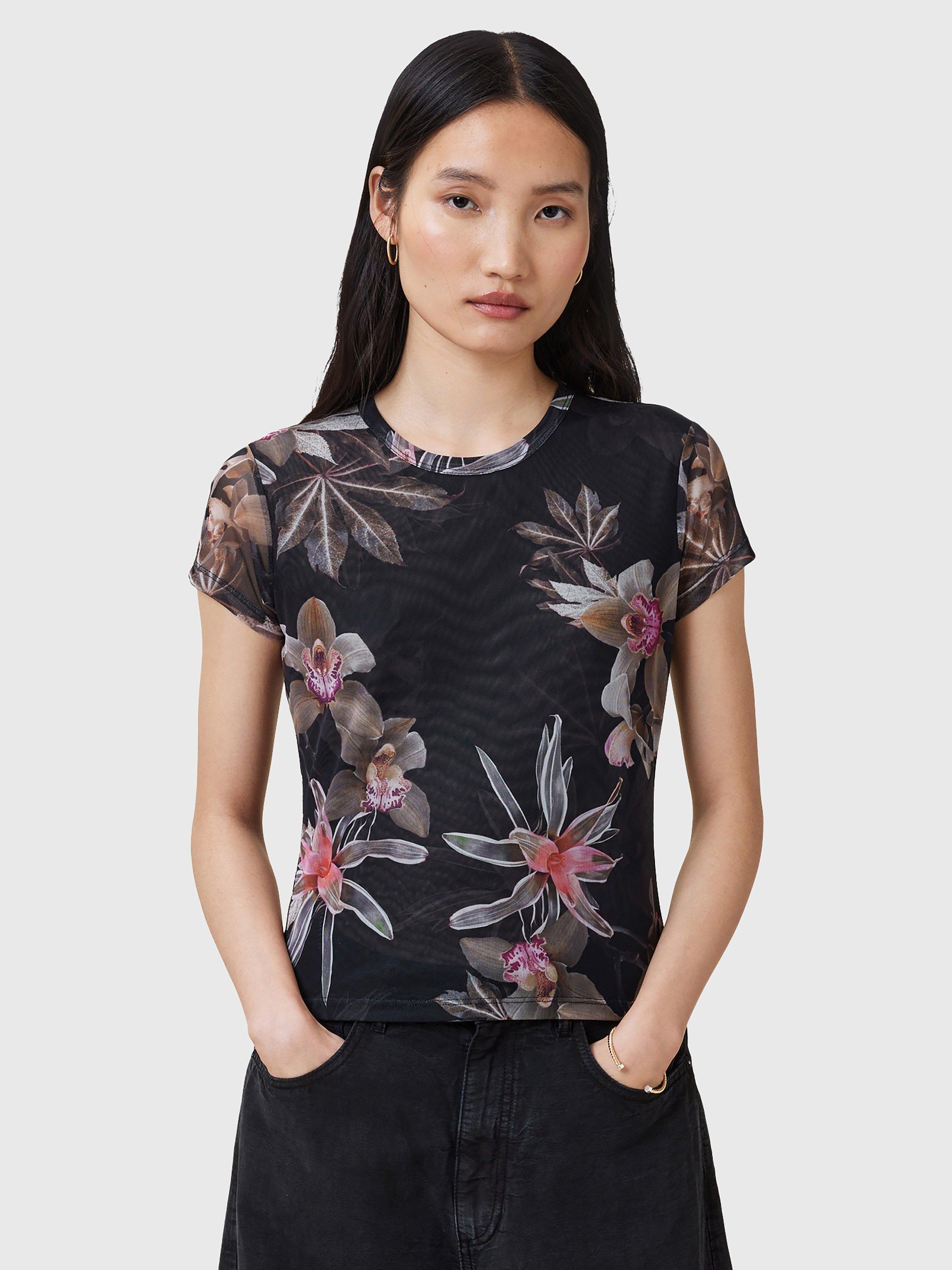 Product image 1 of 7, which shows AllSaints Ellie Mesh Floral Print T-Shirt, Adena Black/Multi, 8