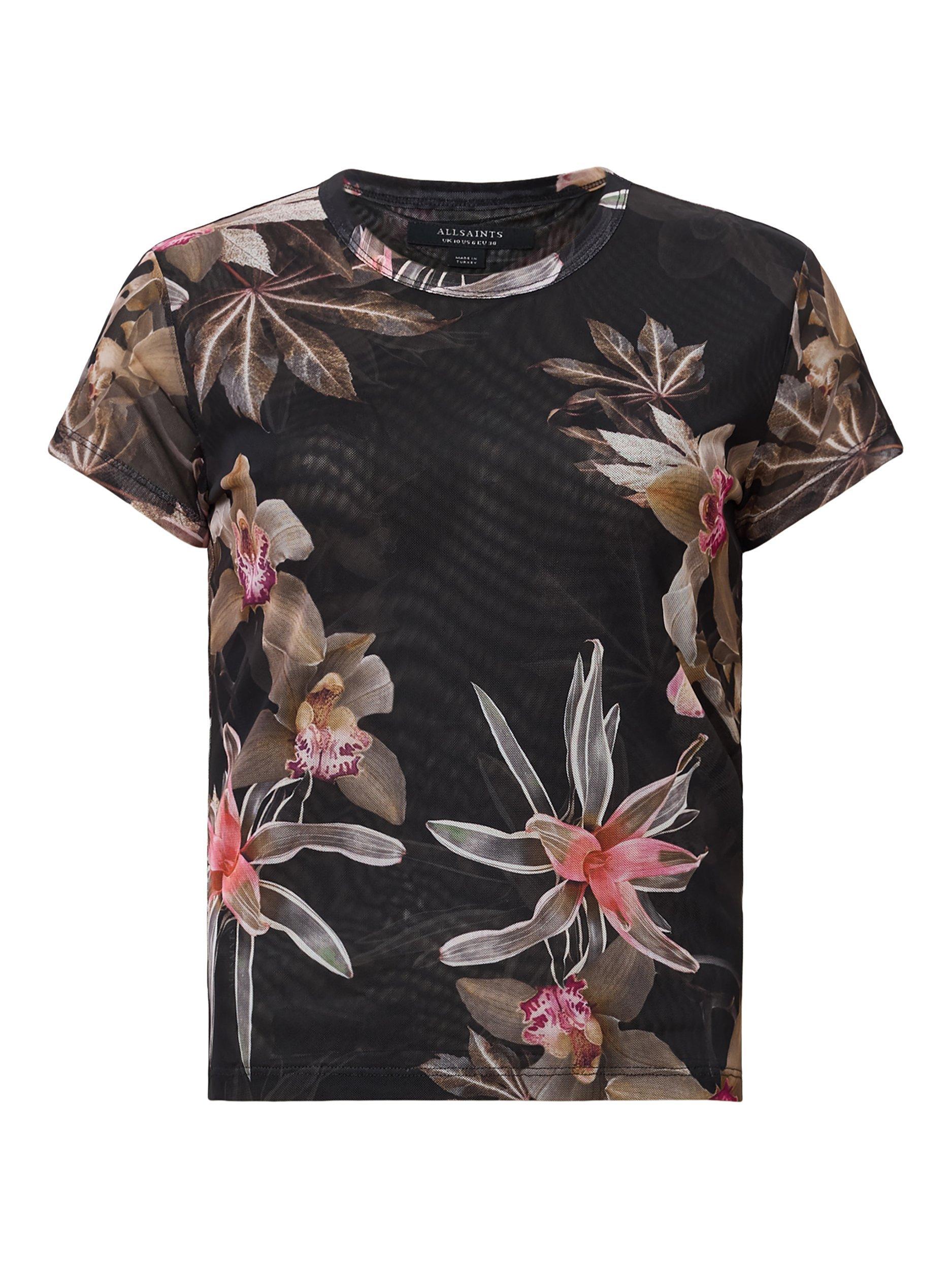 Product image 4 of 7, which shows AllSaints Ellie Mesh Floral Print T-Shirt, Adena Black/Multi, 8